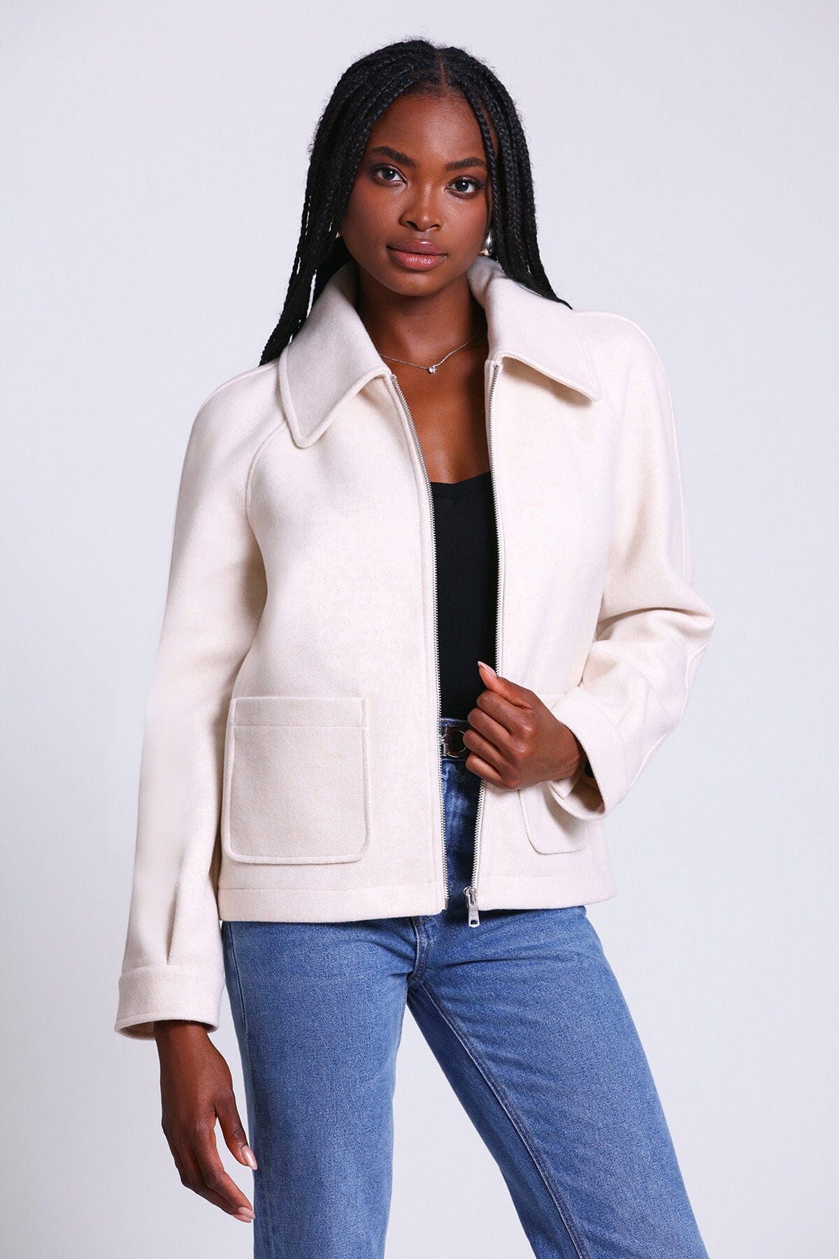 relaxed zip front jacket coat ivory white - figure flattering designer fashion lightweight coats jackets for women