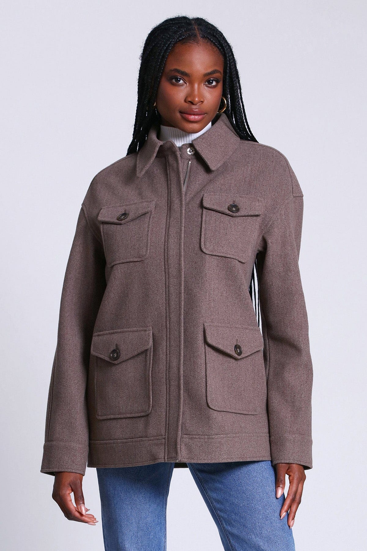 relaxed utility shacket coat jacket mocha brown - women's figure flattering day date coats jackets shackets 