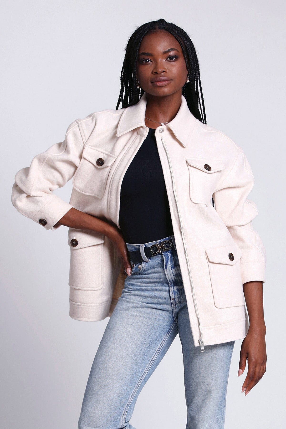 relaxed utility shacket coat jacket ivory white - women's figure flattering day date coats jackets
