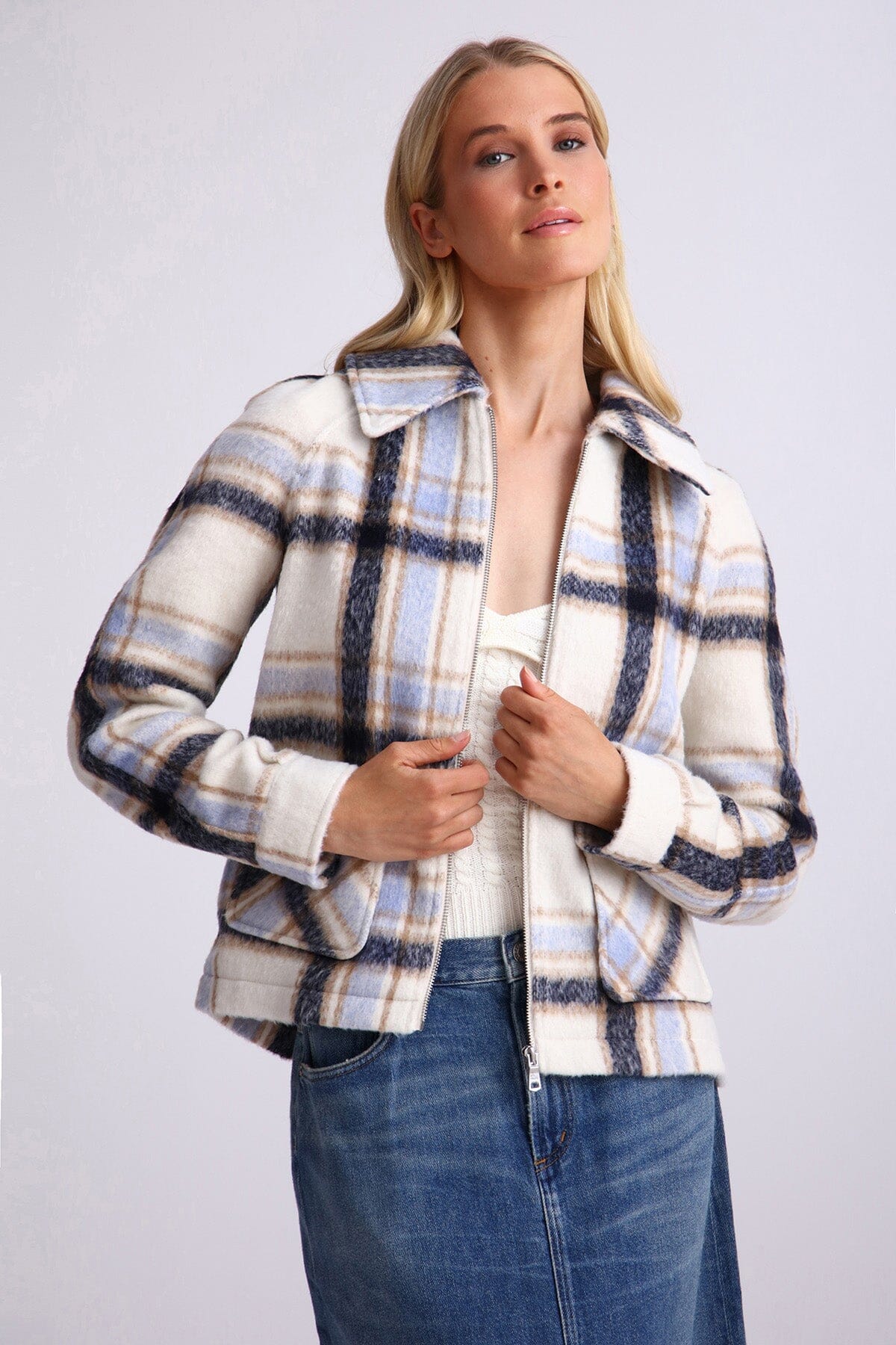 Blue cream plaid brushed zip front jacket coat - figure flattering day to night lightweight jackets coats for women