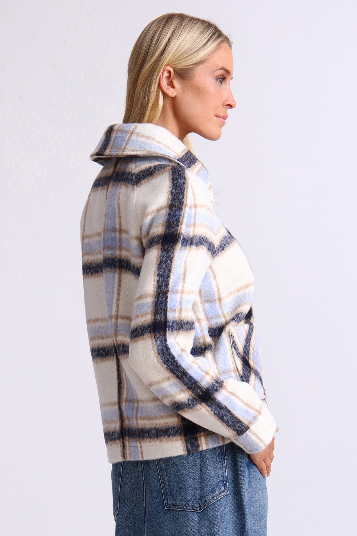 Blue cream plaid brushed zip front jacket coat - women's figure flattering lightweight jackets coats for fall