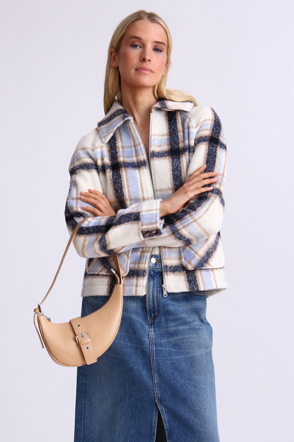 Blue cream plaid brushed zip front jacket coat - figure flattering lightweight everyday fall jackets coats for women