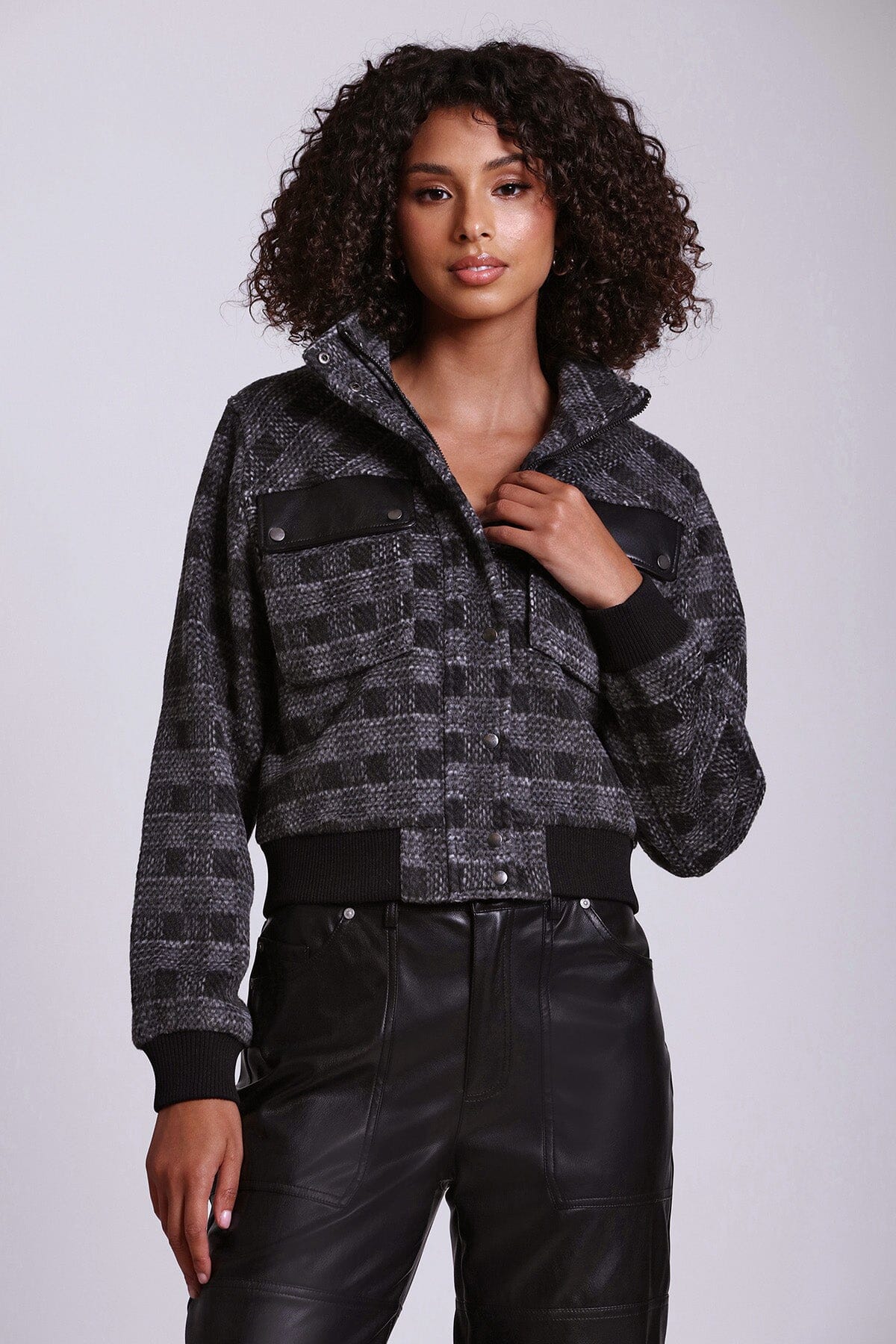 Black grey plaid cropped bomber jacket coat - figure flattering day to night jackets coats for women