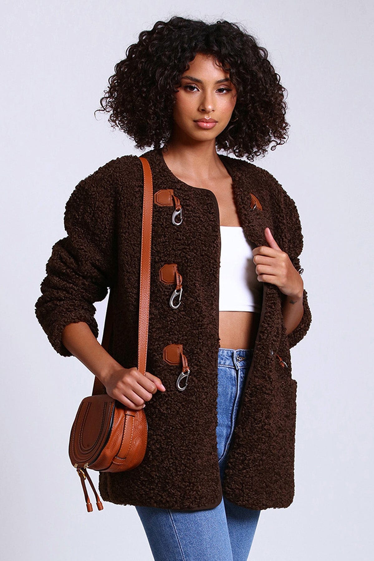 Chocolate brown faux shearling toggle jacket coat - figure flattering day to night cozy coats jackets for ladies