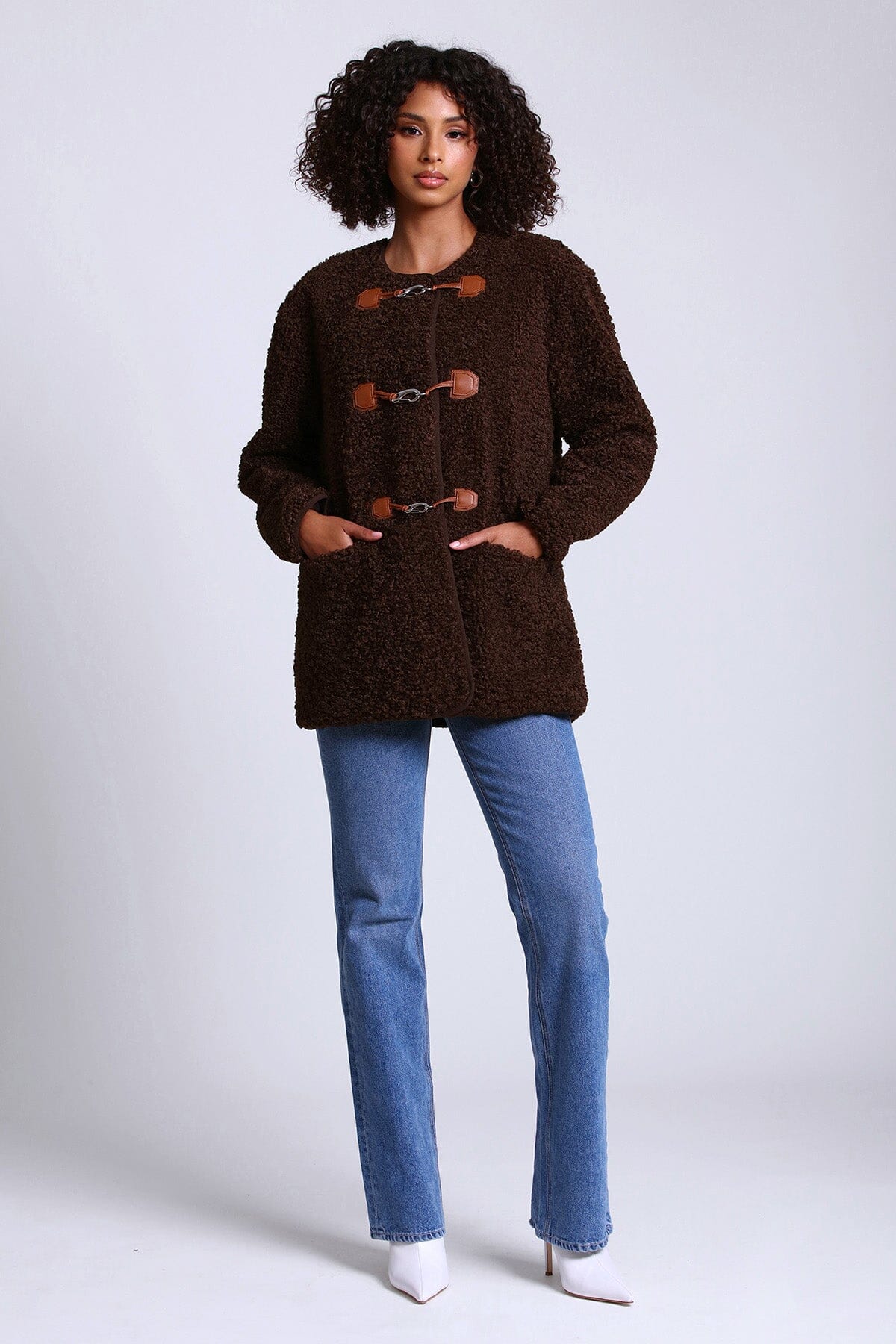 Chocolate brown faux shearling toggle jacket coat - women's figure flattering cozy fall 2023 outerwear by Avec Les Filles