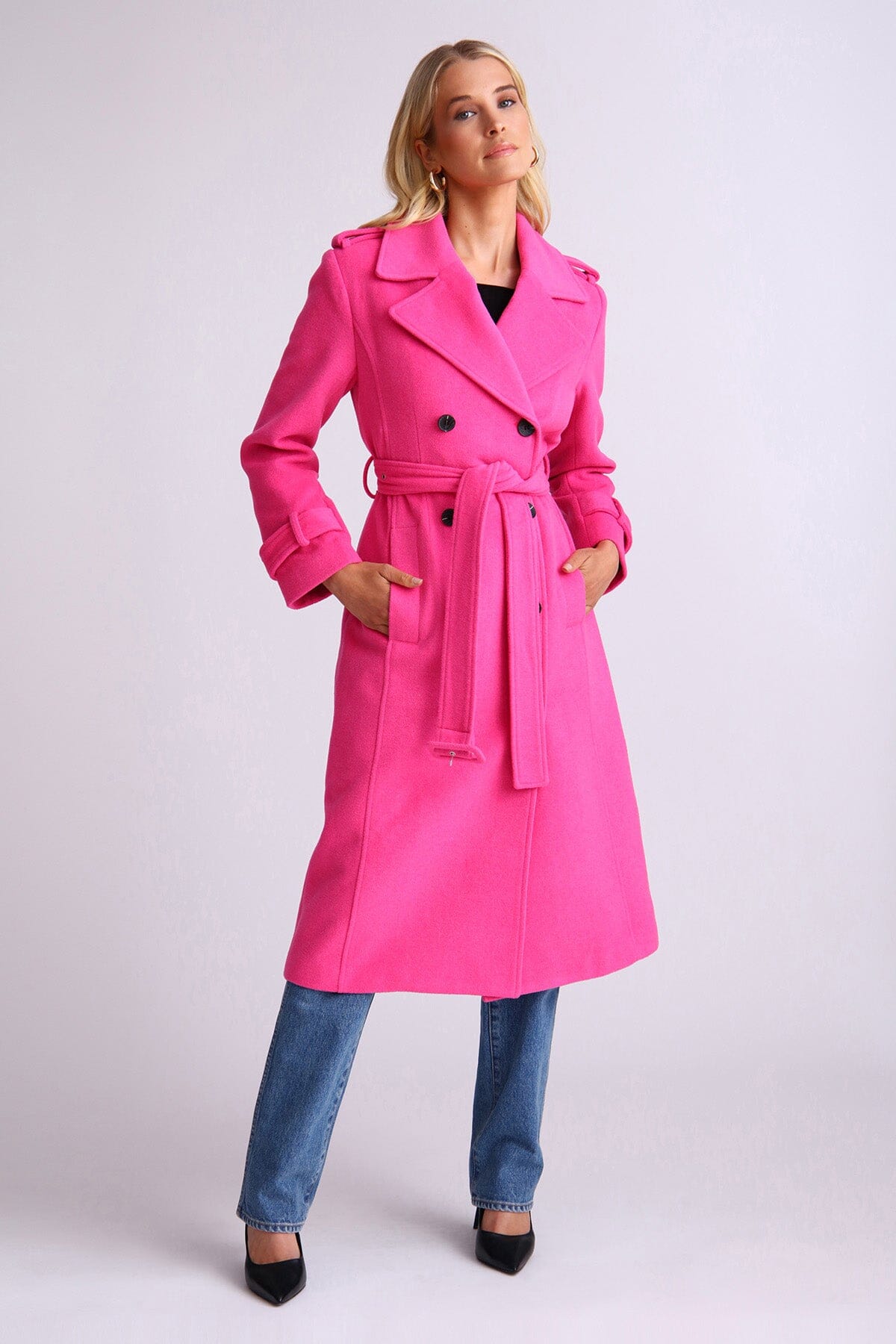 Fuchsia pink strong shoulder belted trench coat jacket - women's figure flattering statement piece coats outerwear for fall trends