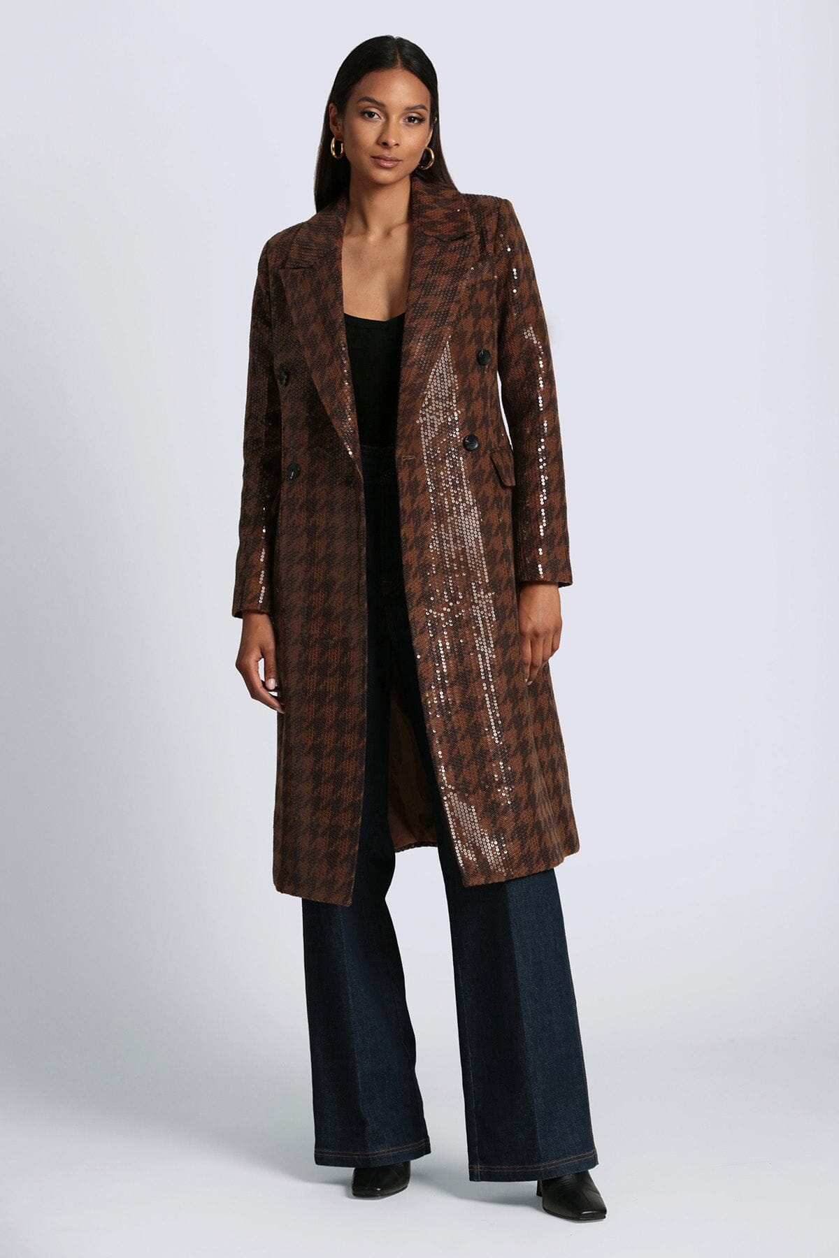 Brown sequin houndstooth tailored coat jacket - figure flattering Fall 2023 long coats jackets for women by Avec Les Filles