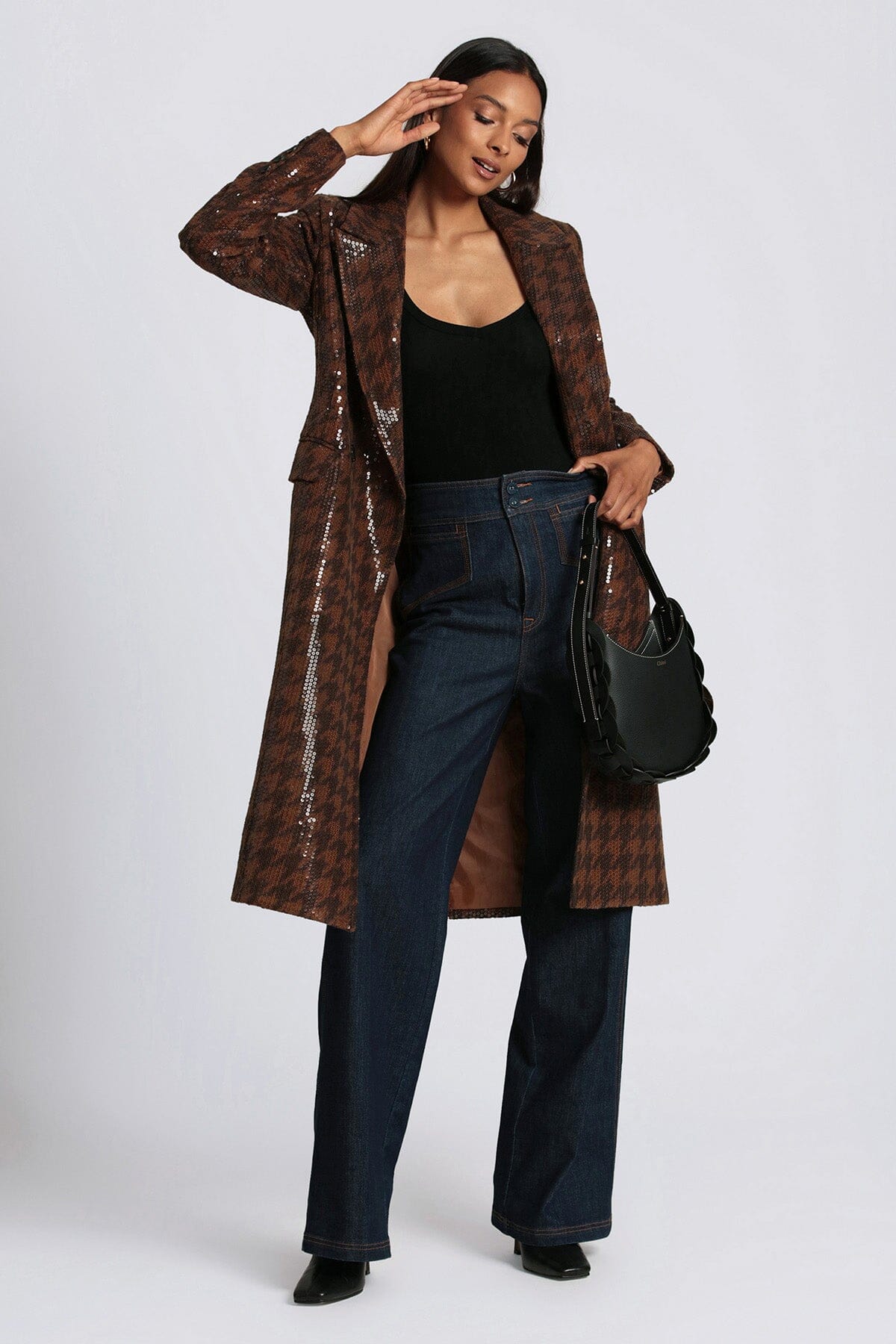 Brown sequin houndstooth tailored coat jacket - women's figure flattering day to night outerwear fall 2023 by Avec Les Filles