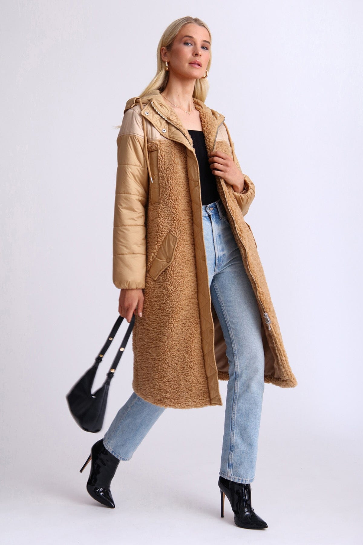 Women's Faux Shearling Fur Anorak Long Coat Jacket Outerwear