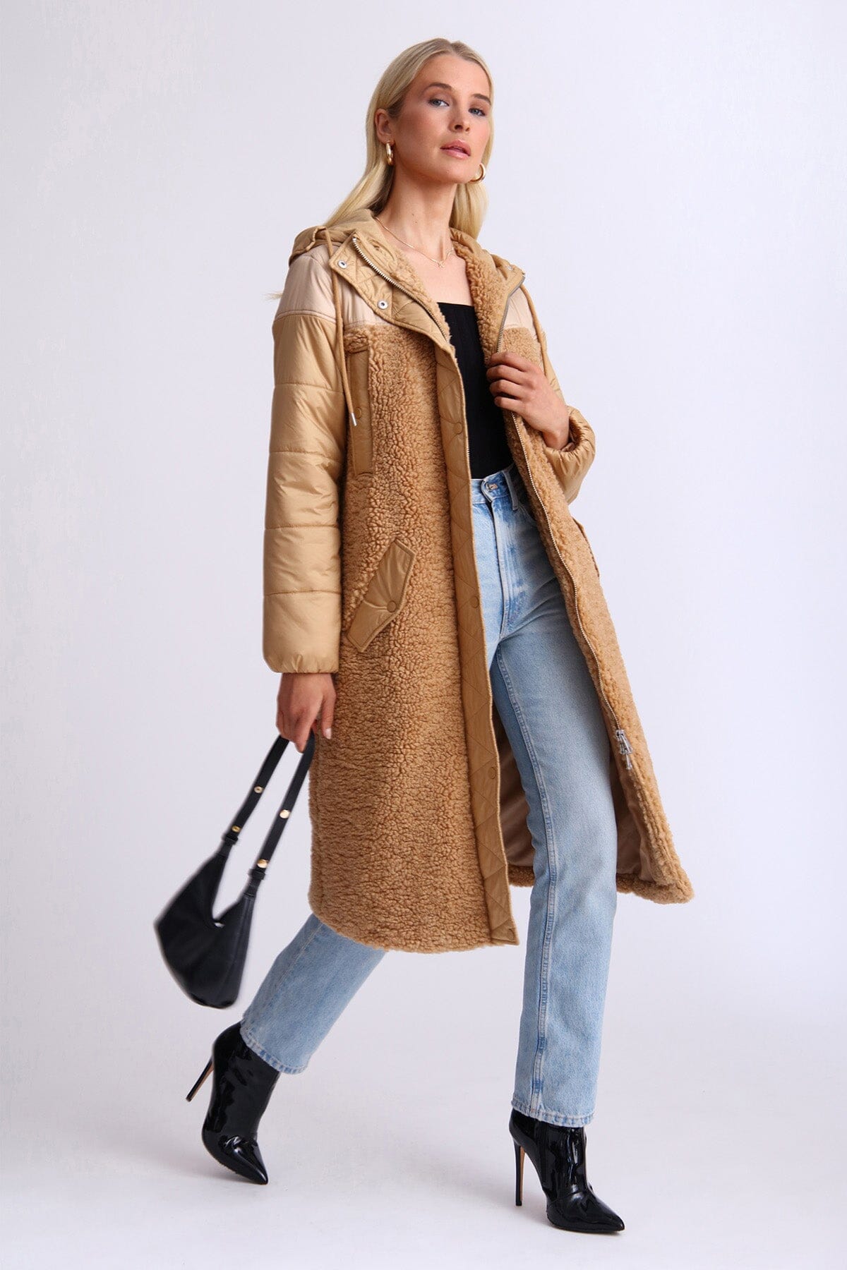Camel tan mixed media faux shearling fur anorak long coat jacket - figure flattering casual street style coats jackets for women