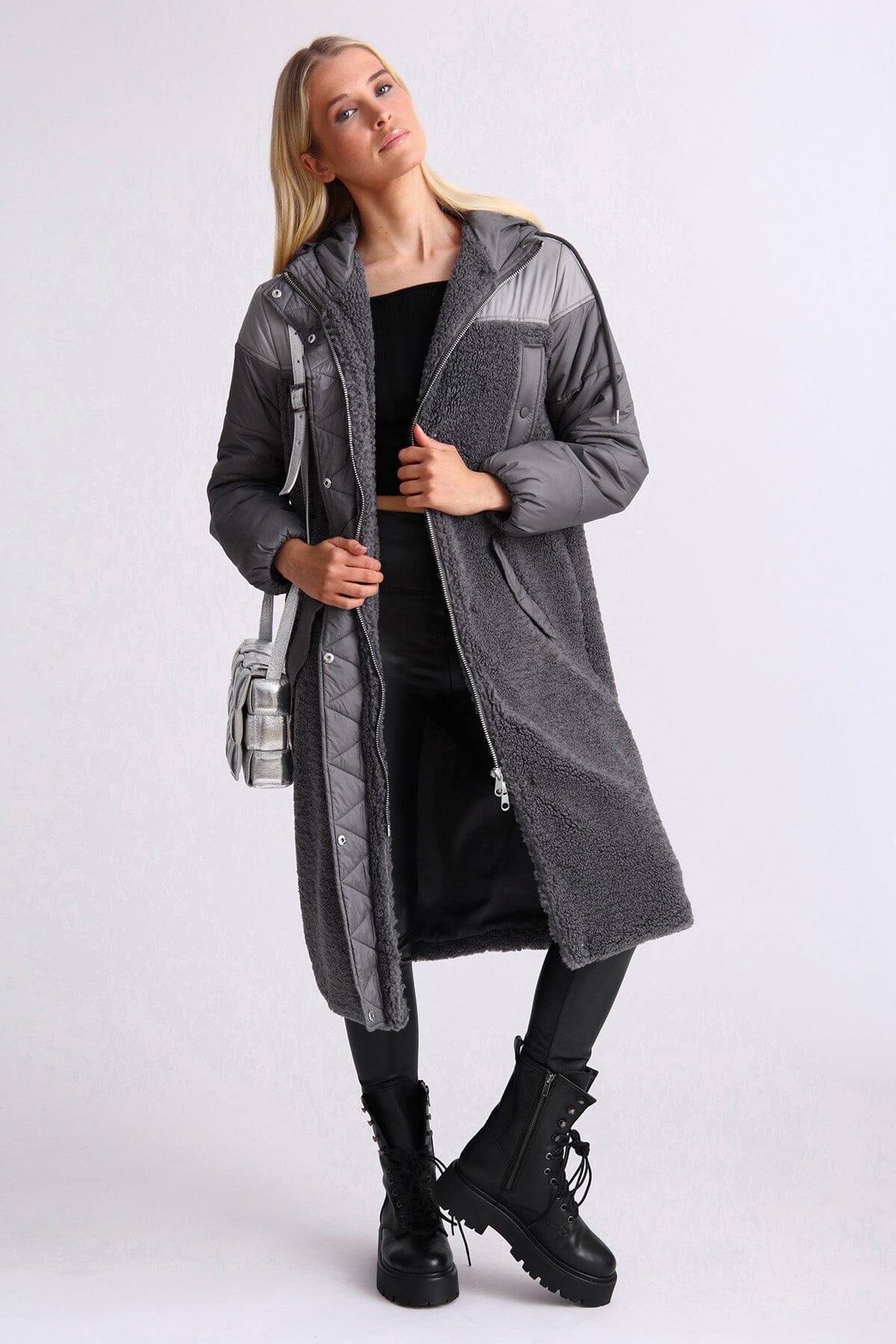 Charcoal grey mixed media faux shearling fur anorak long coat jacket - figure flattering casual streetwear coats jackets for women