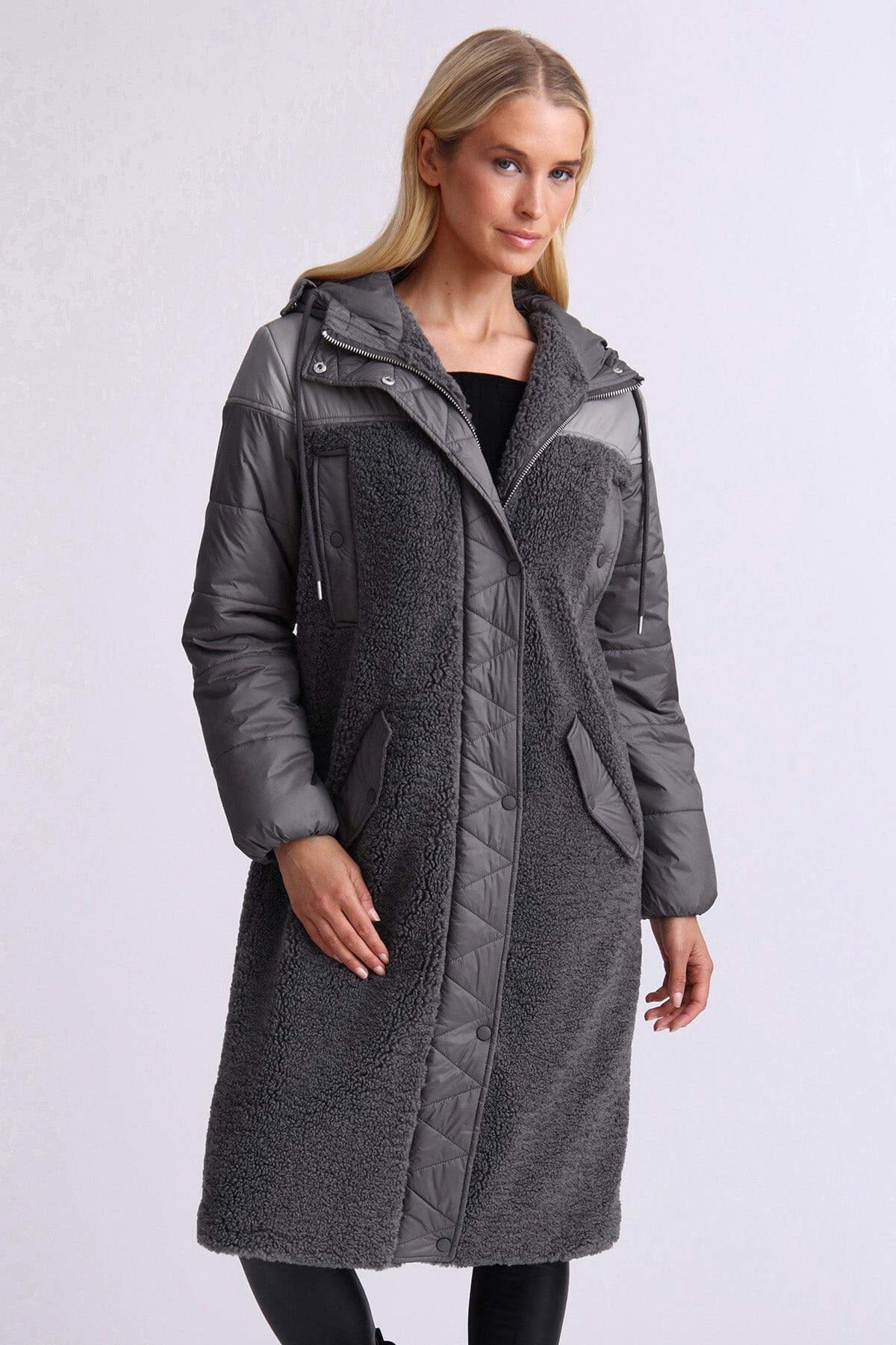 Charcoal grey mixed media faux shearling fur anorak long coat jacket - figure flattering day to night coats jackets for ladies by Avec Les Filles