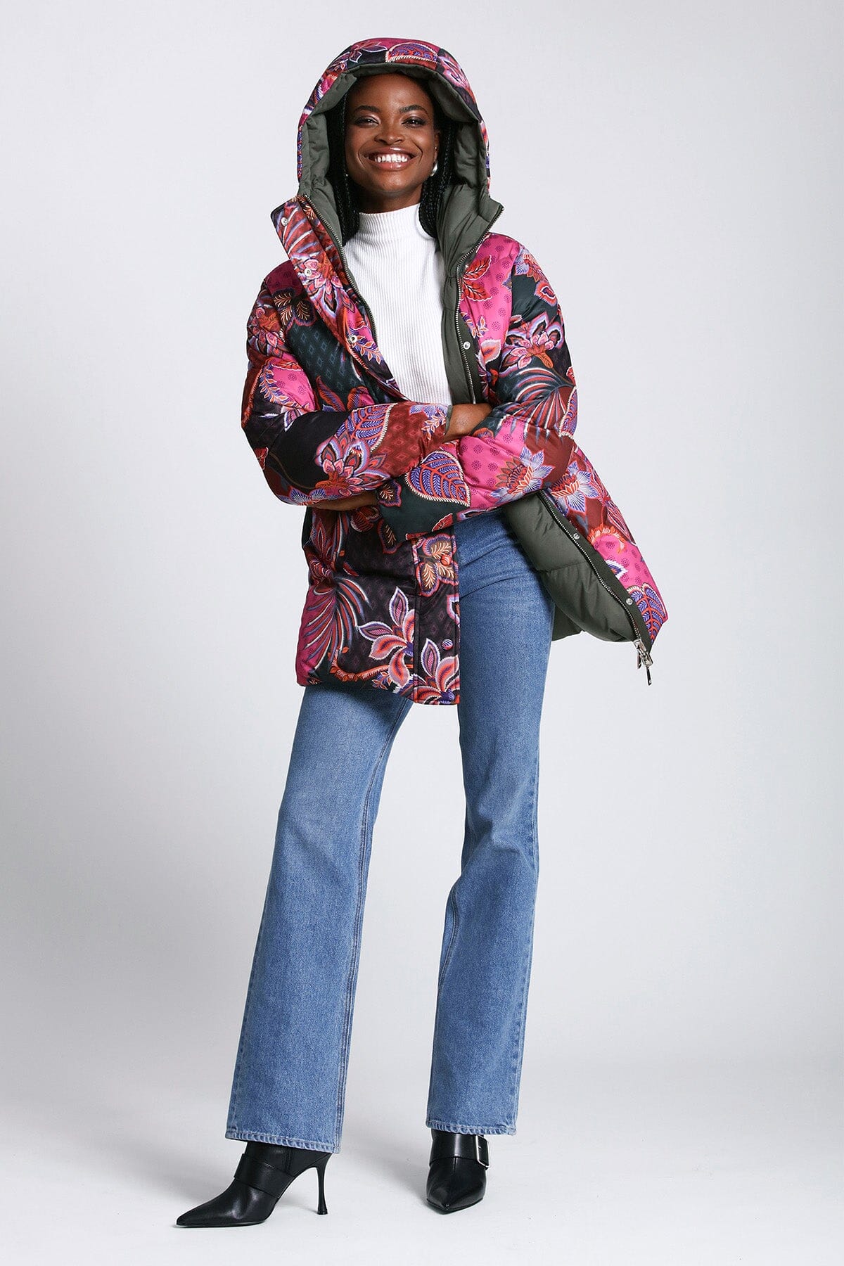 Reversible thermal puff paisley puffer coat jacket - women's figure flattering fall winter coats jackets outerwear