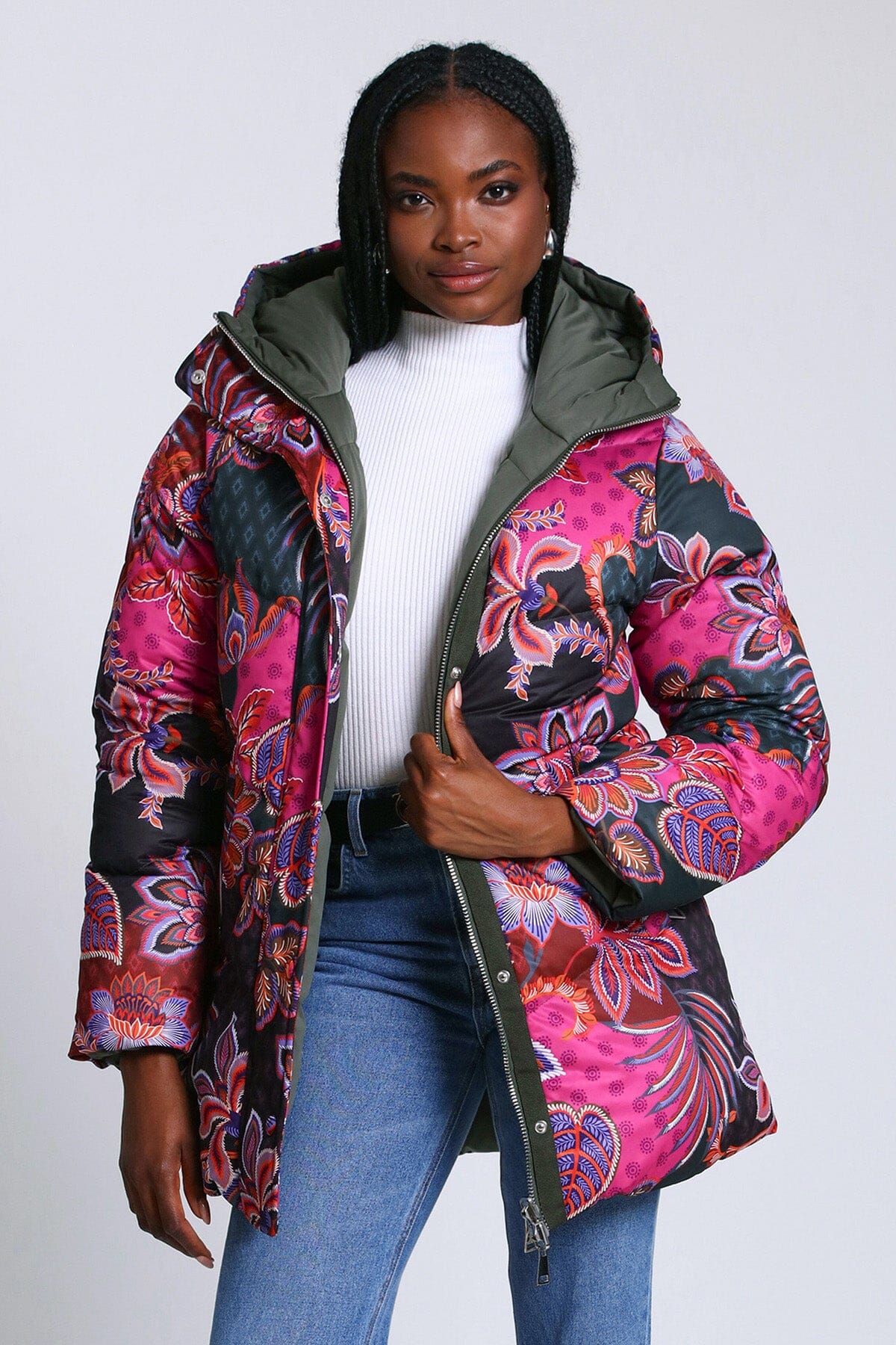 Reversible thermal puff paisley puffer coat jacket - figure flattering fall winter puffers jackets for women