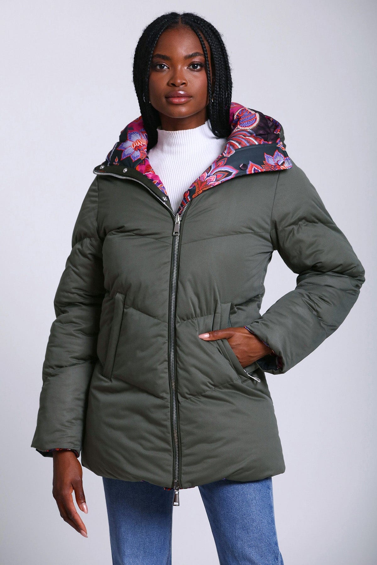 Army green puffer jacket women's sale