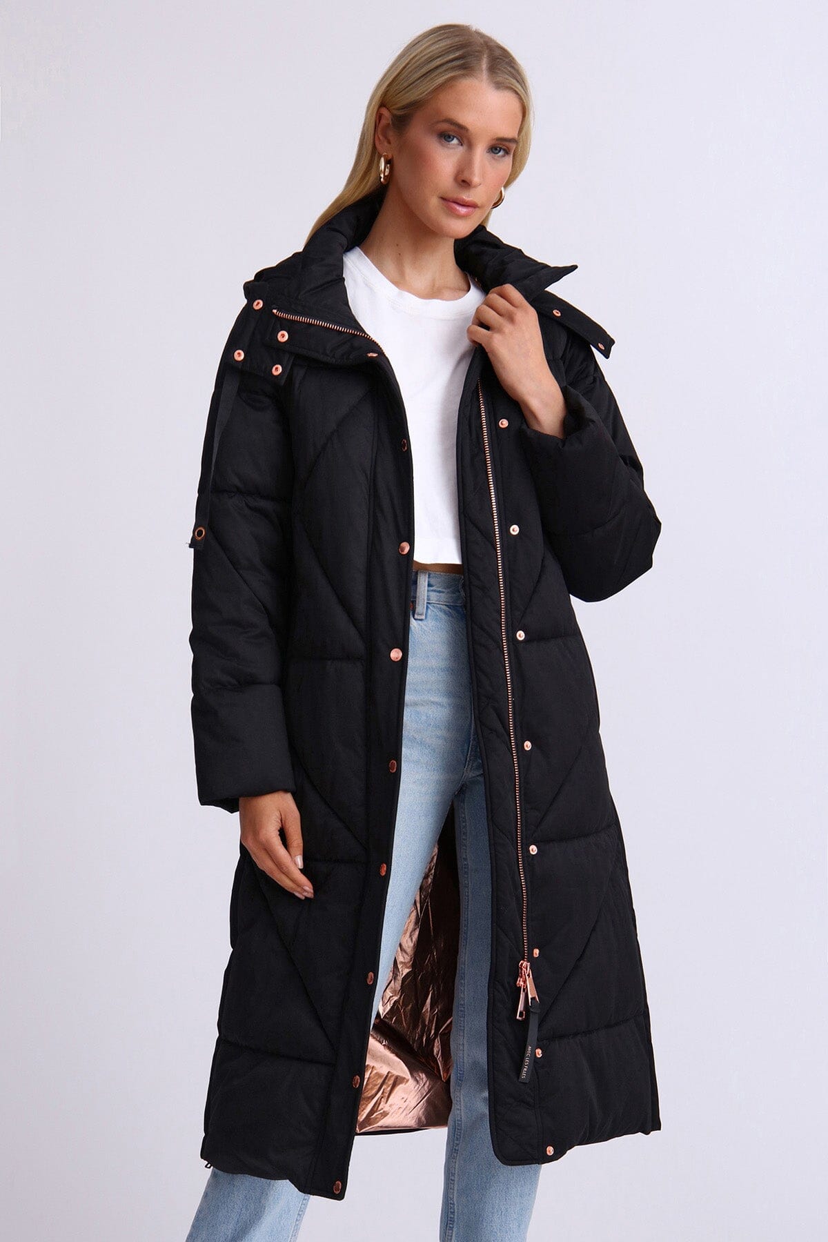 Black thermal puff longline cloud duvet puffer coat jacket - figure flattering long fashion coats jackets for women