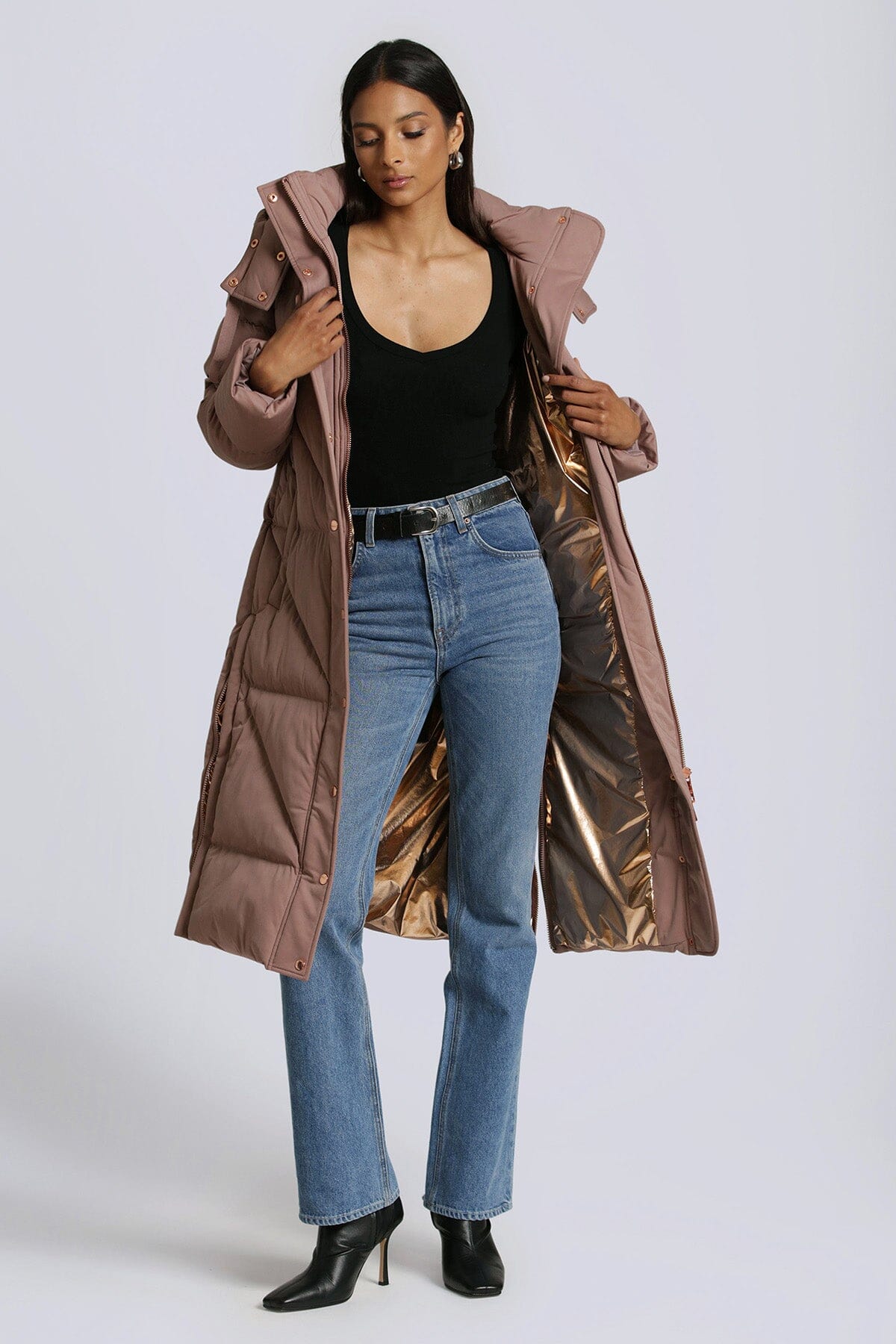 Umber brown thermal puff longline cloud duvet puffer coat jacket - figure flattering warm coats jackets for ladies