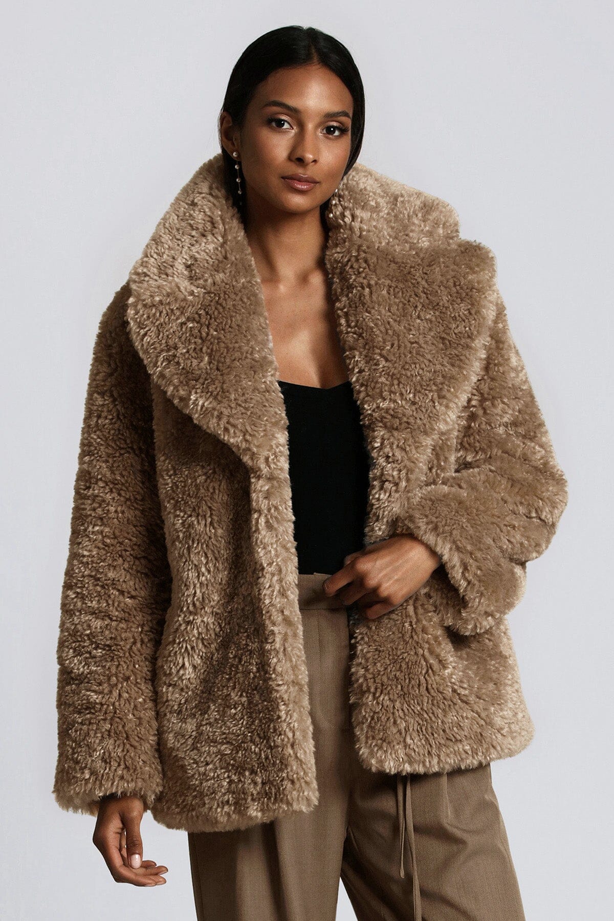 Dark beige teddy faux fur notch collar coat jacket - women's figure flattering fall 2023 coats outerwear 