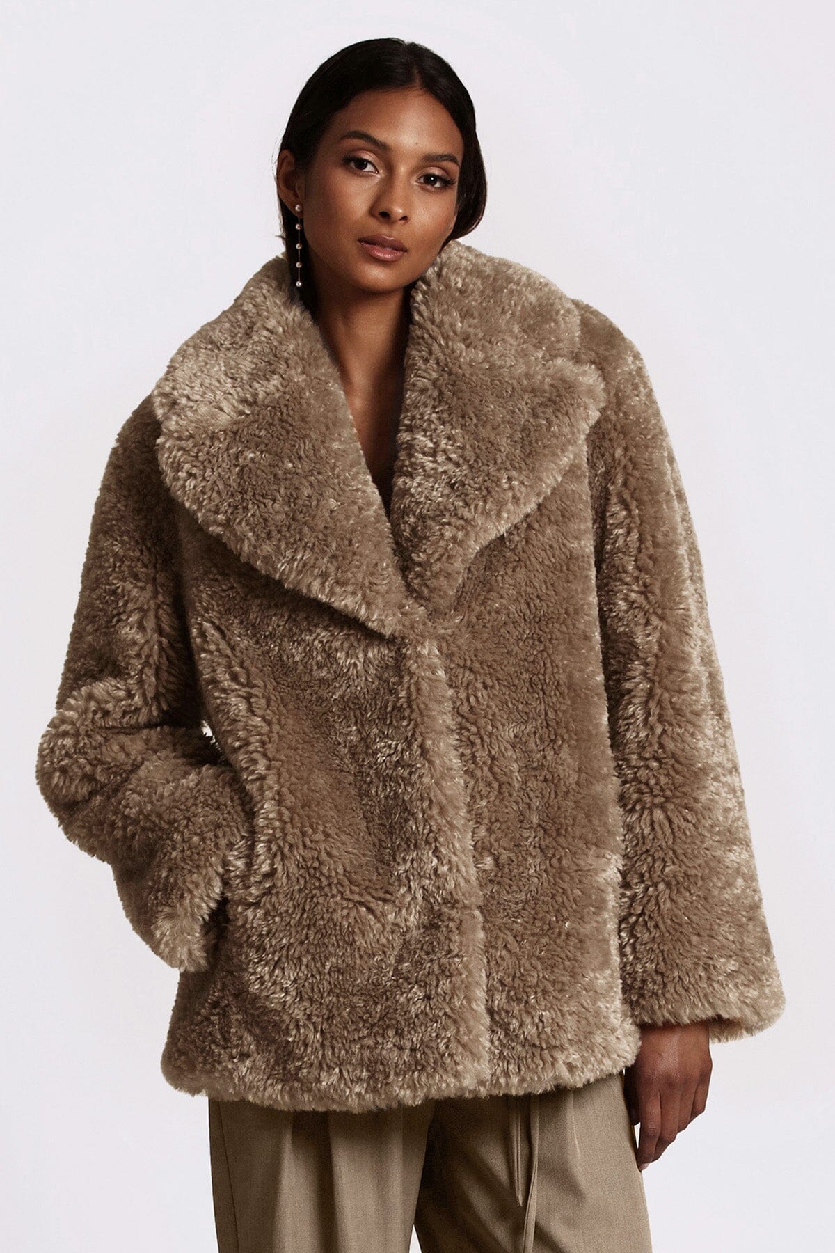 Dark beige teddy faux fur notch collar coat jacket - women's figure flattering fashion coats outerwear for fall