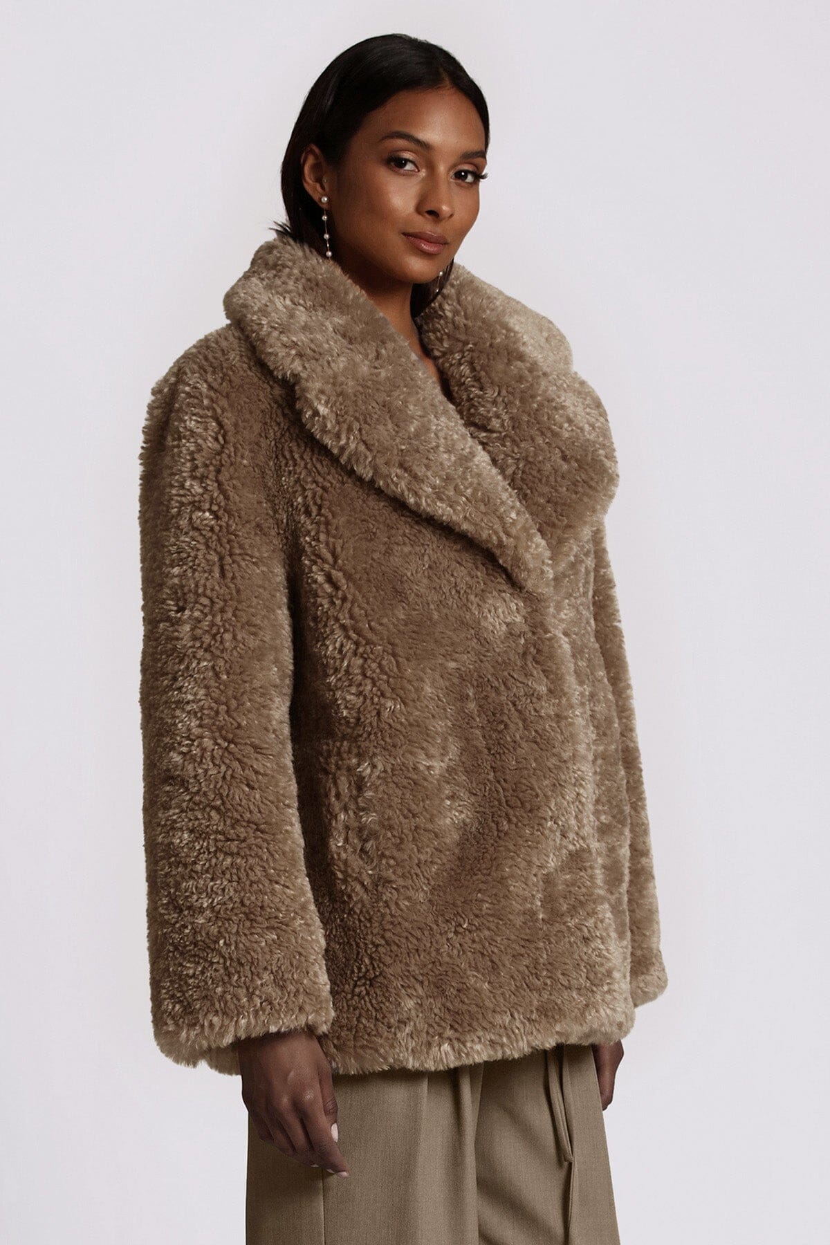Dark beige teddy faux fur notch collar coat jacket - figure flattering fall date night coats jackets for women