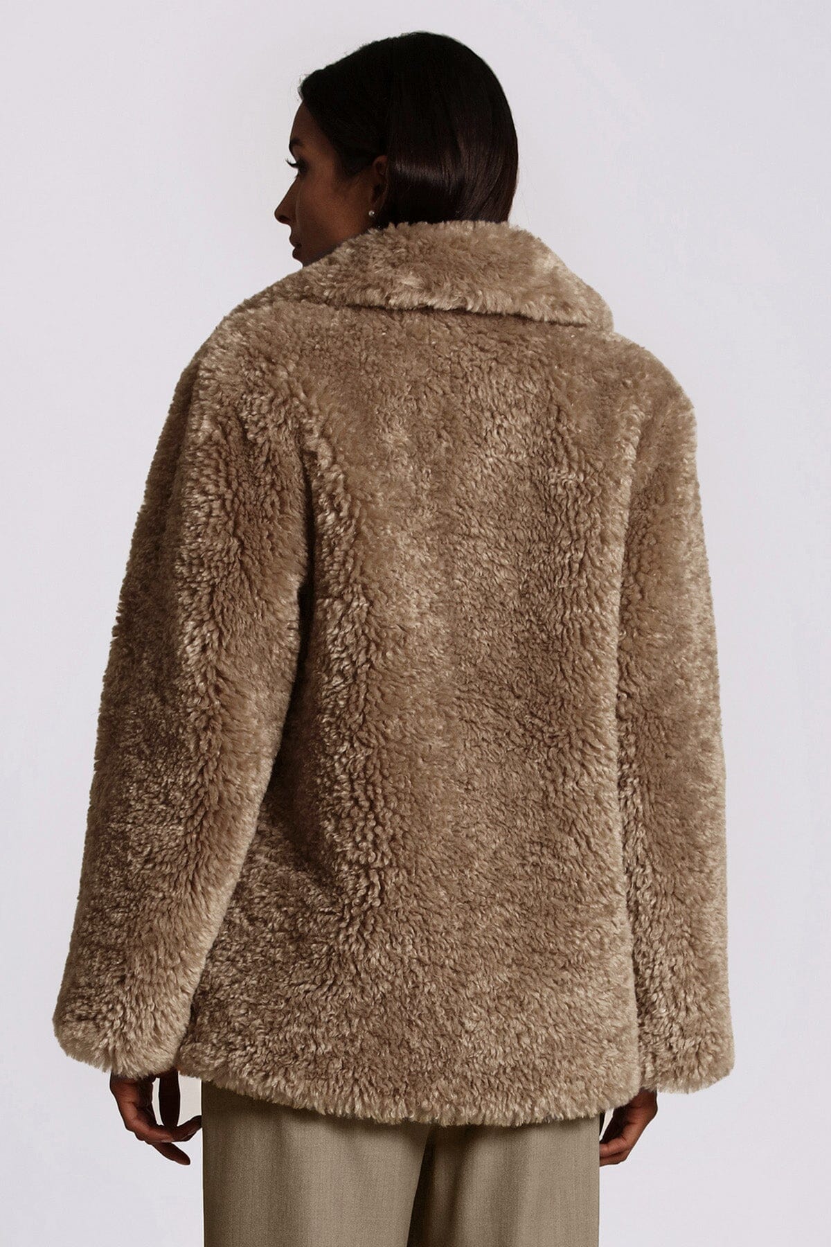 Dark beige teddy faux fur notch collar coat jacket - women's figure flattering cozy fall 2023 outerwear