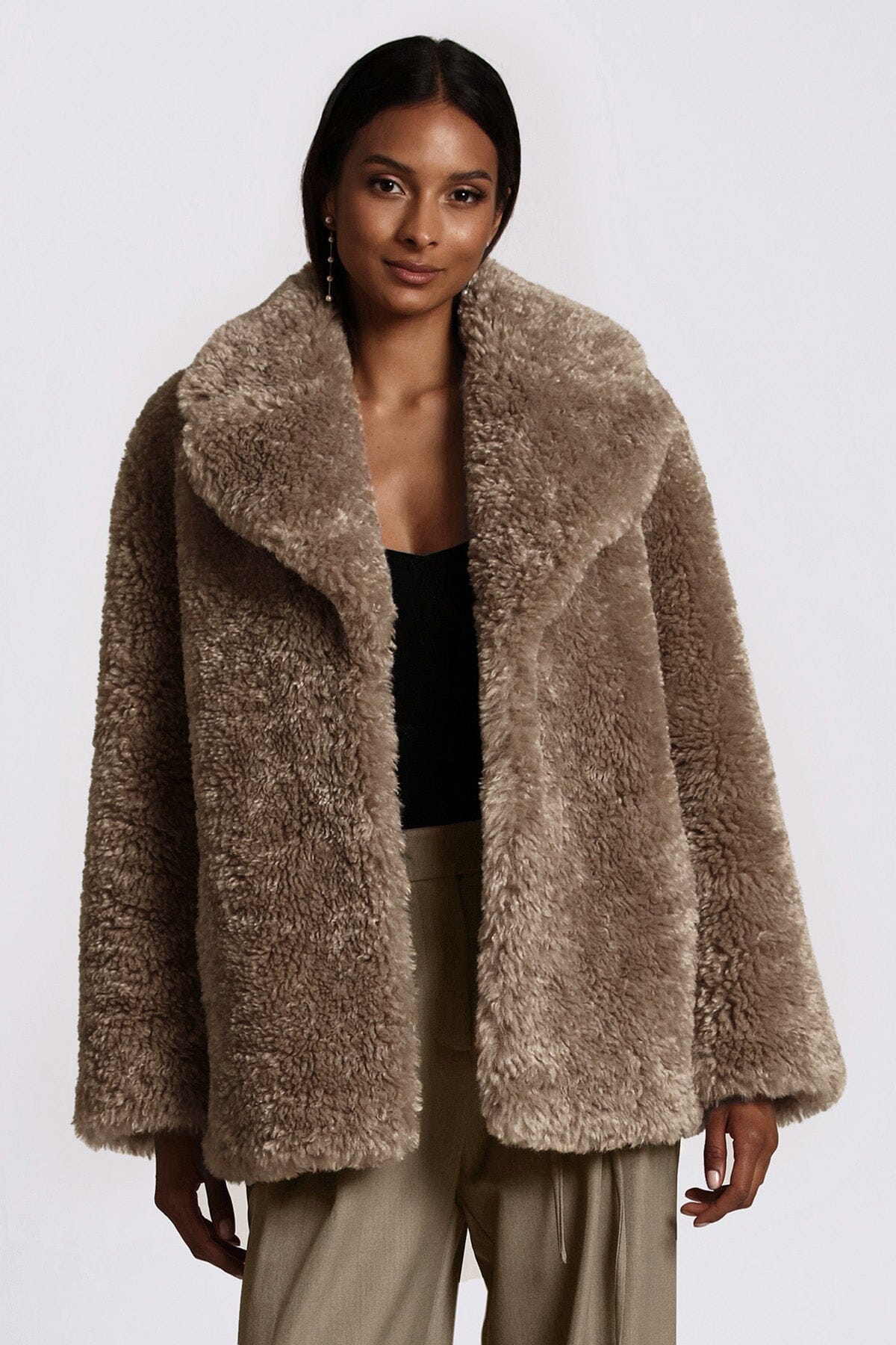 Dark beige teddy faux fur notch collar coat jacket - figure flattering day to night coats jackets for women