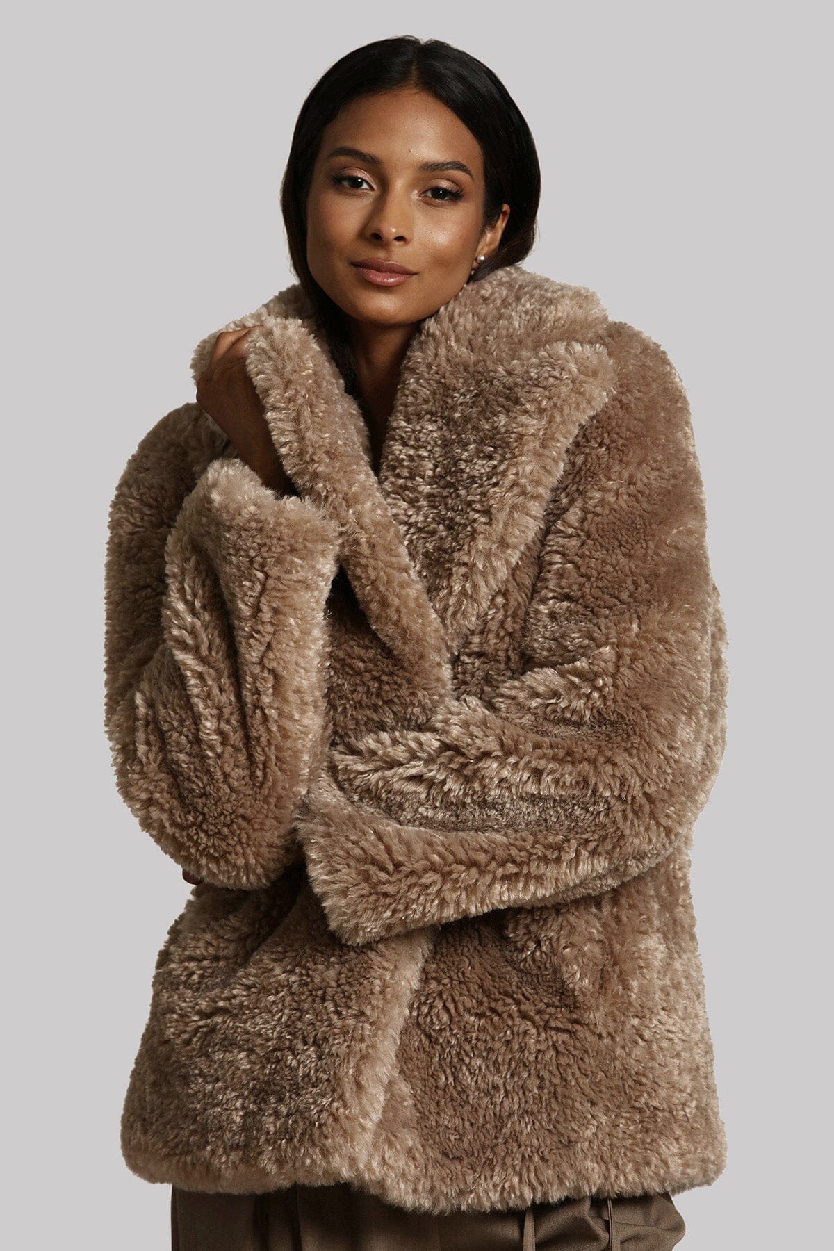 Dark beige teddy faux fur notch collar coat jacket - figure flattering evening coats jackets for women