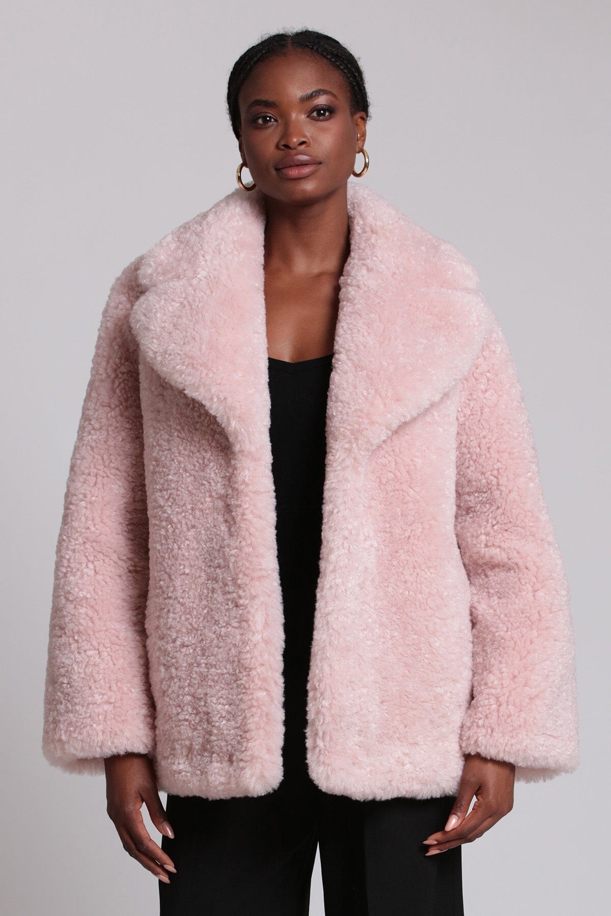 Light pink teddy faux fur notch collar coat jacket - women's figure flattering day to night coats jackets