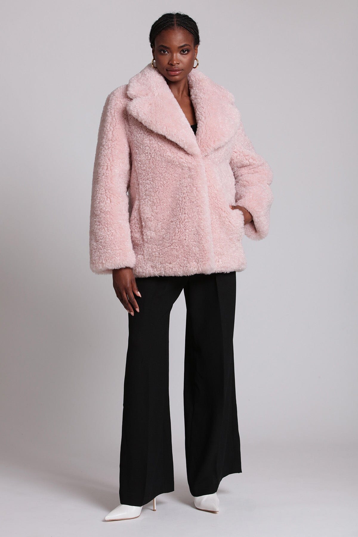 Light pink teddy faux fur notch collar coat jacket - figure flattering girls night out coats jackets for women