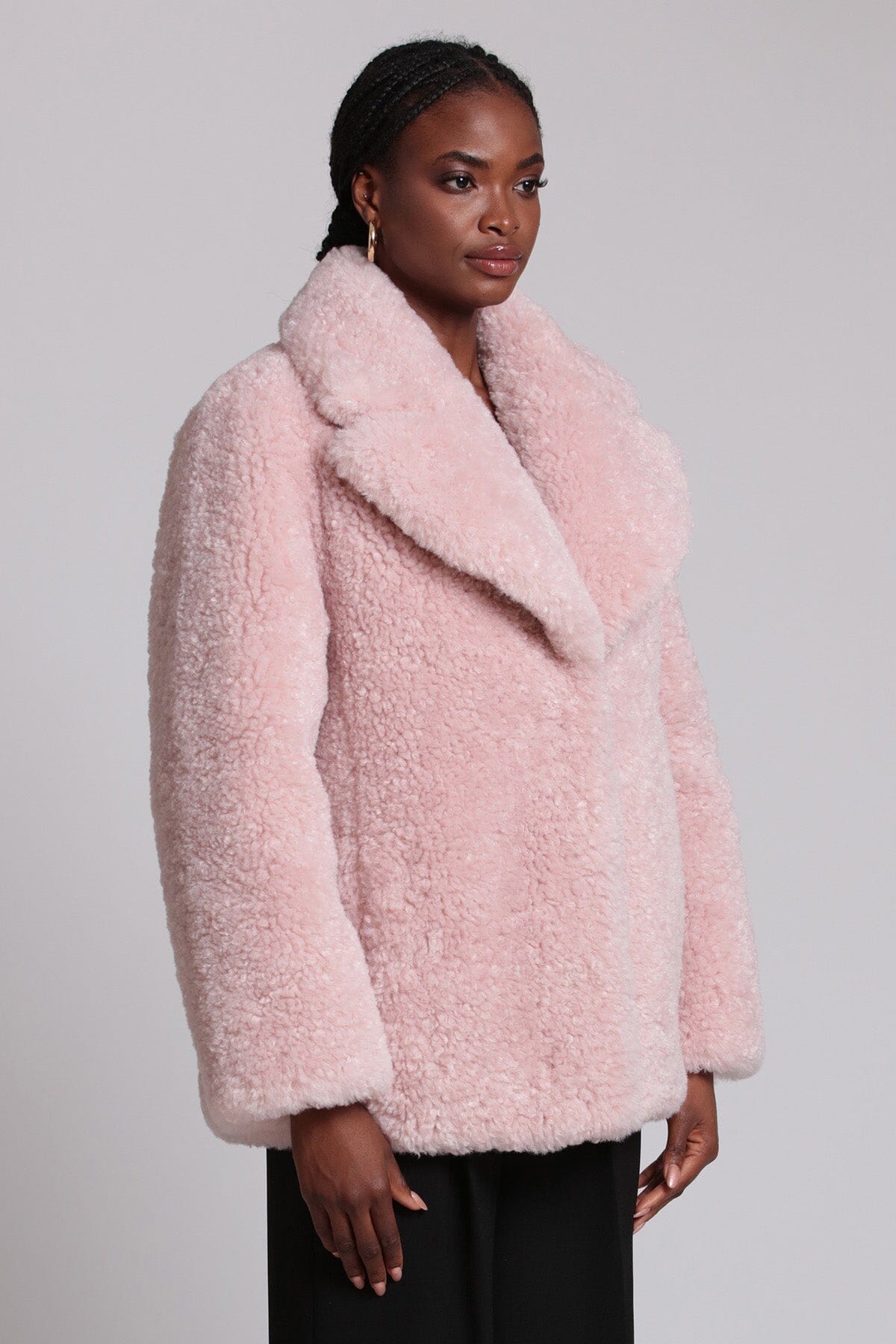 Light pink teddy faux fur notch collar coat jacket - women's figure flattering evening coats jackets for date night