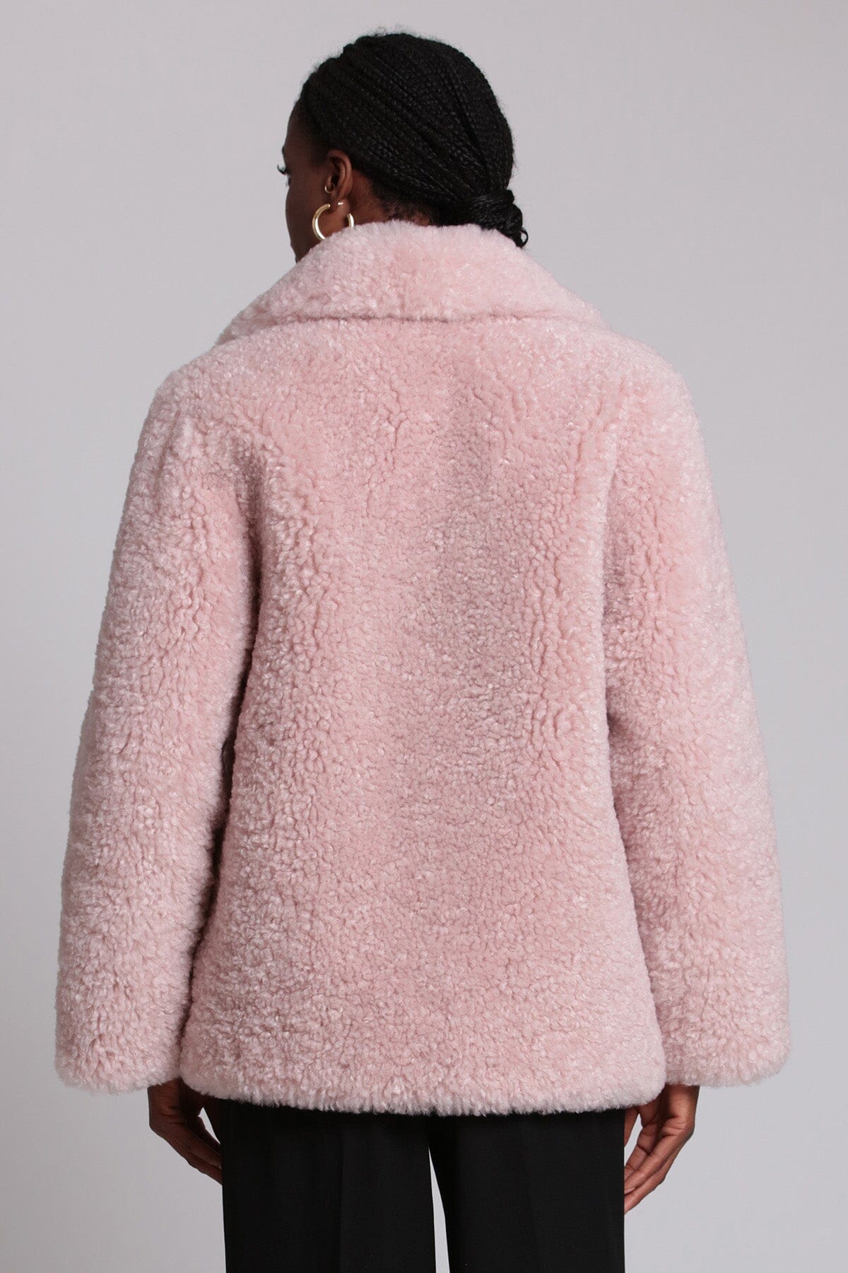 Light pink teddy faux fur notch collar coat jacket - figure flattering cute cozy coats jackets for women