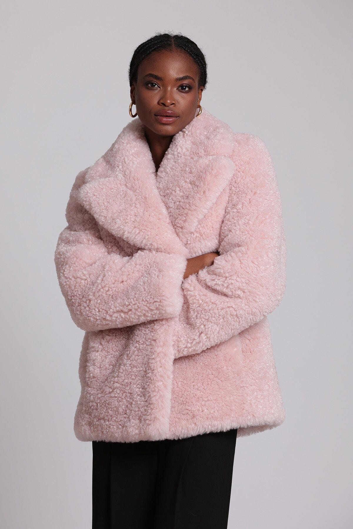 Light pink teddy faux fur notch collar coat jacket - figure flattering date night coats jackets for women