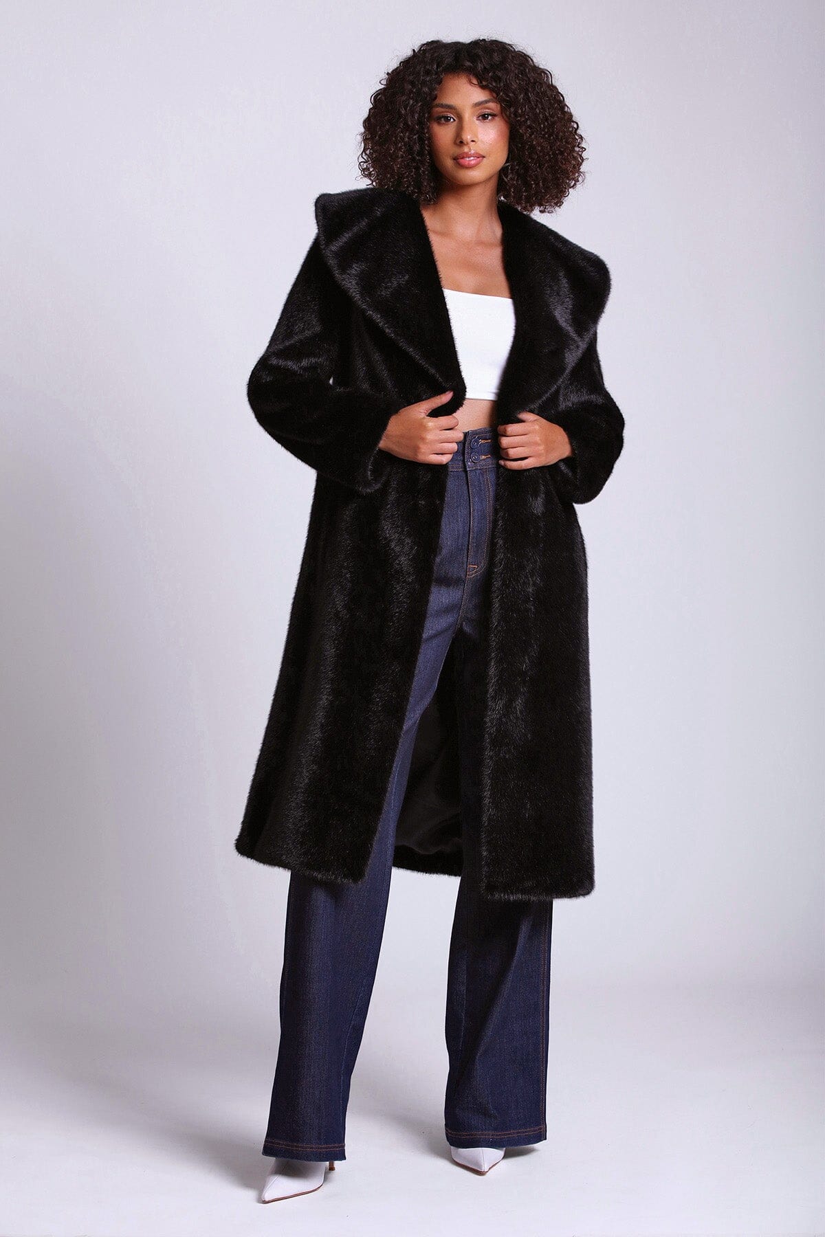 Black shawl collar faux fur long coat jacket - figure flattering date night coats outerwear for women