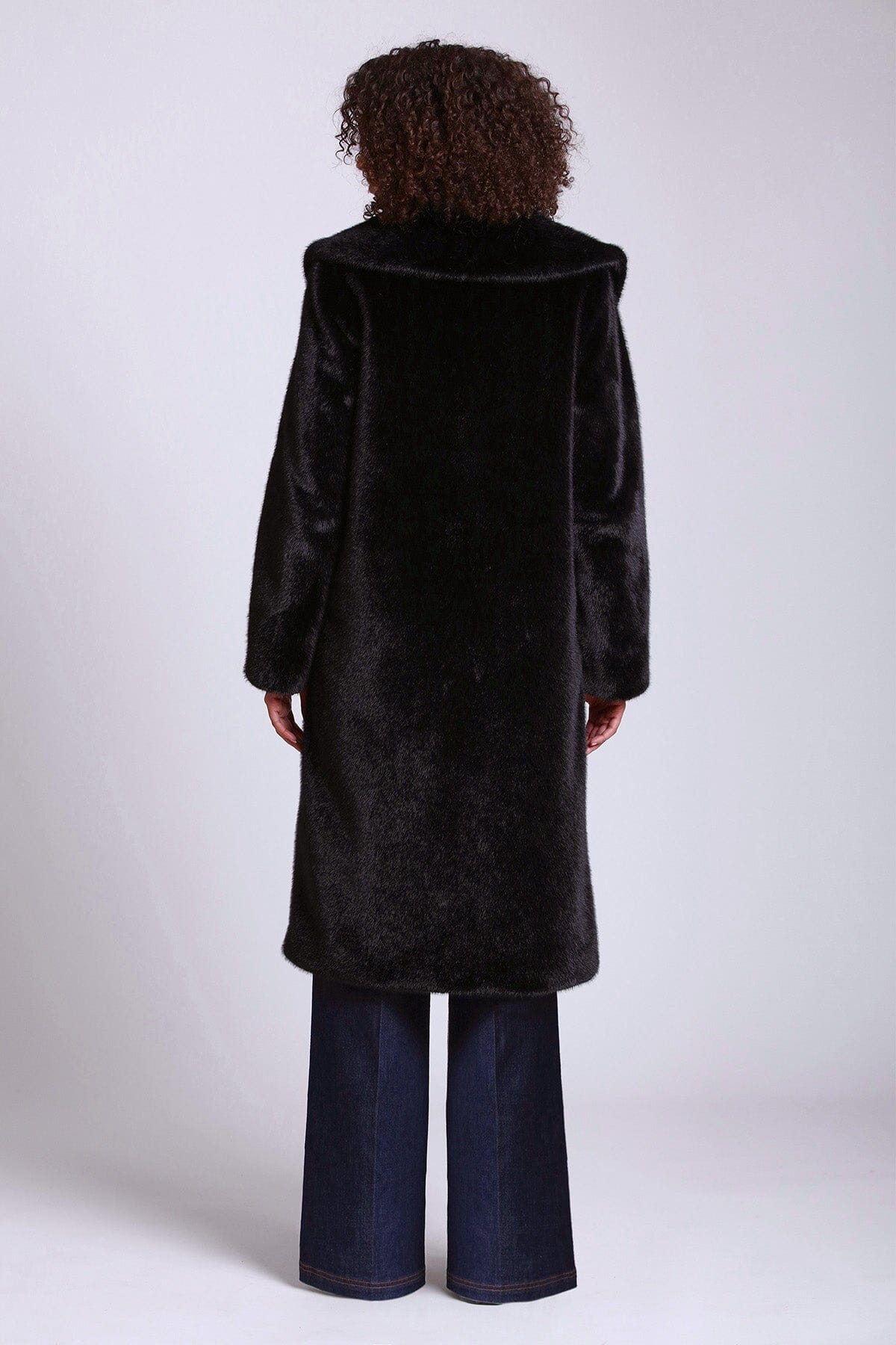 Black shawl collar faux fur long coat jacket - figure flattering glamorous outerwear for women