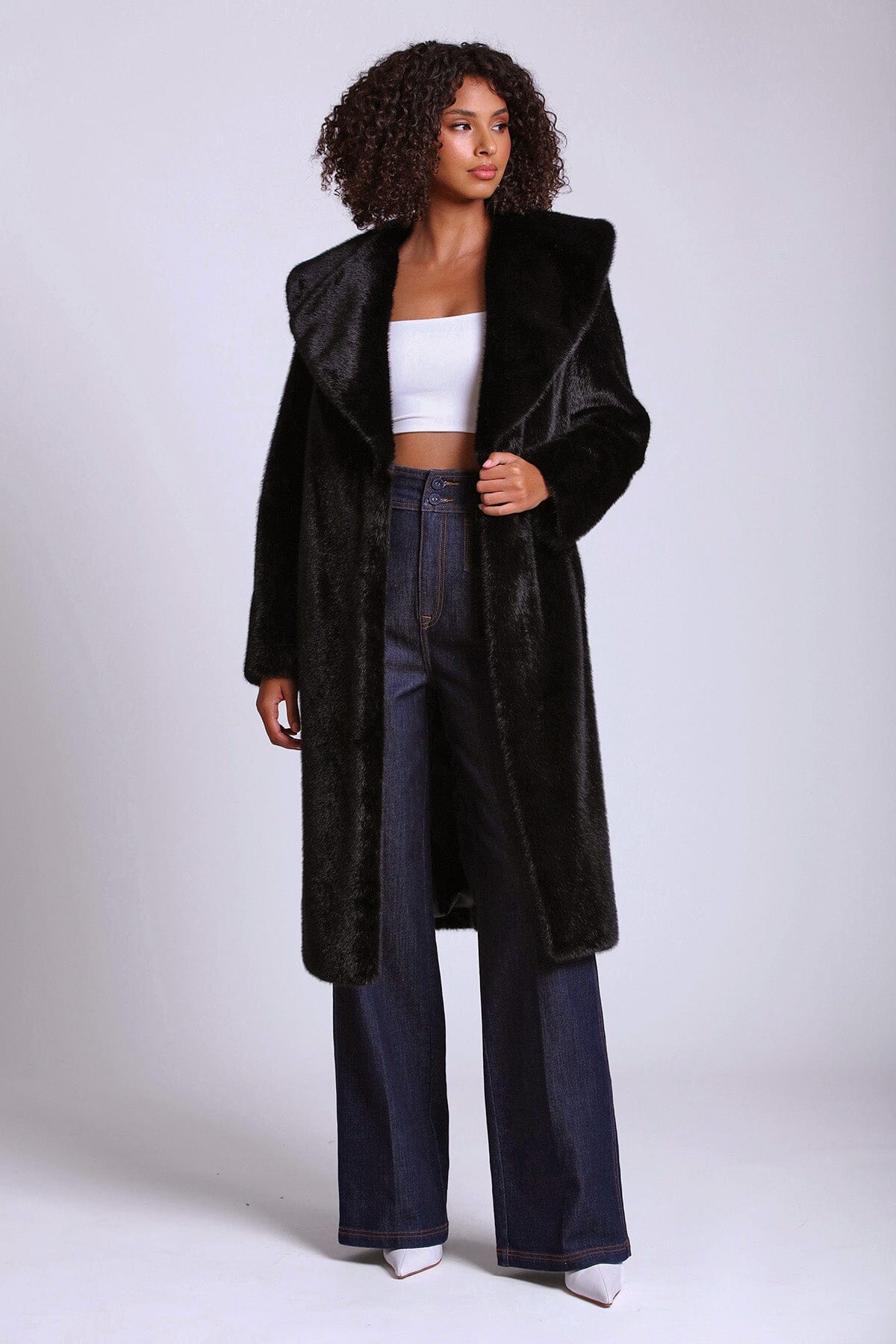 Black shawl collar faux fur long coat jacket - figure flattering day to night coats jackets for women