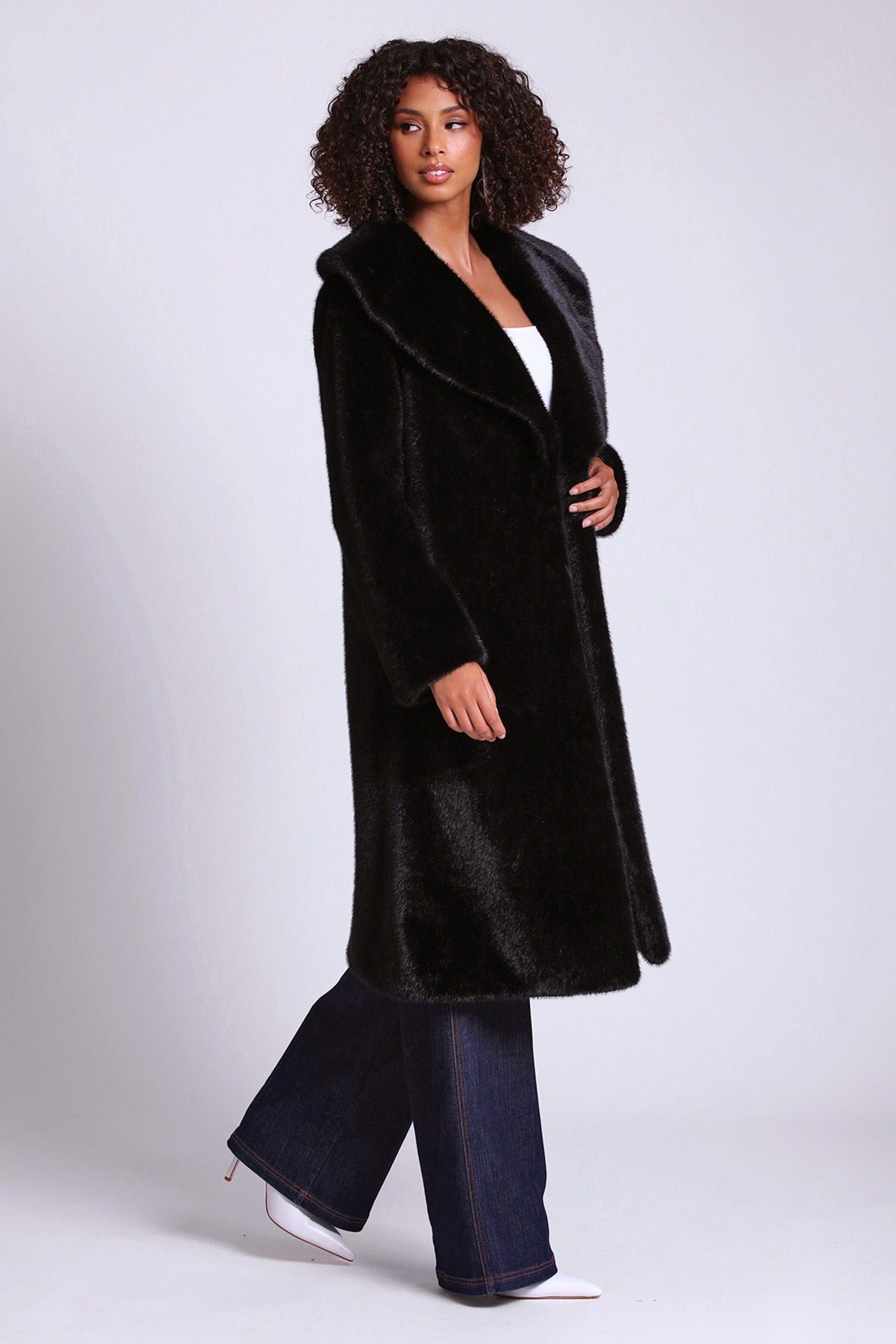 Black shawl collar faux fur long coat jacket - women's figure flattering quiet luxury coats jackets 
