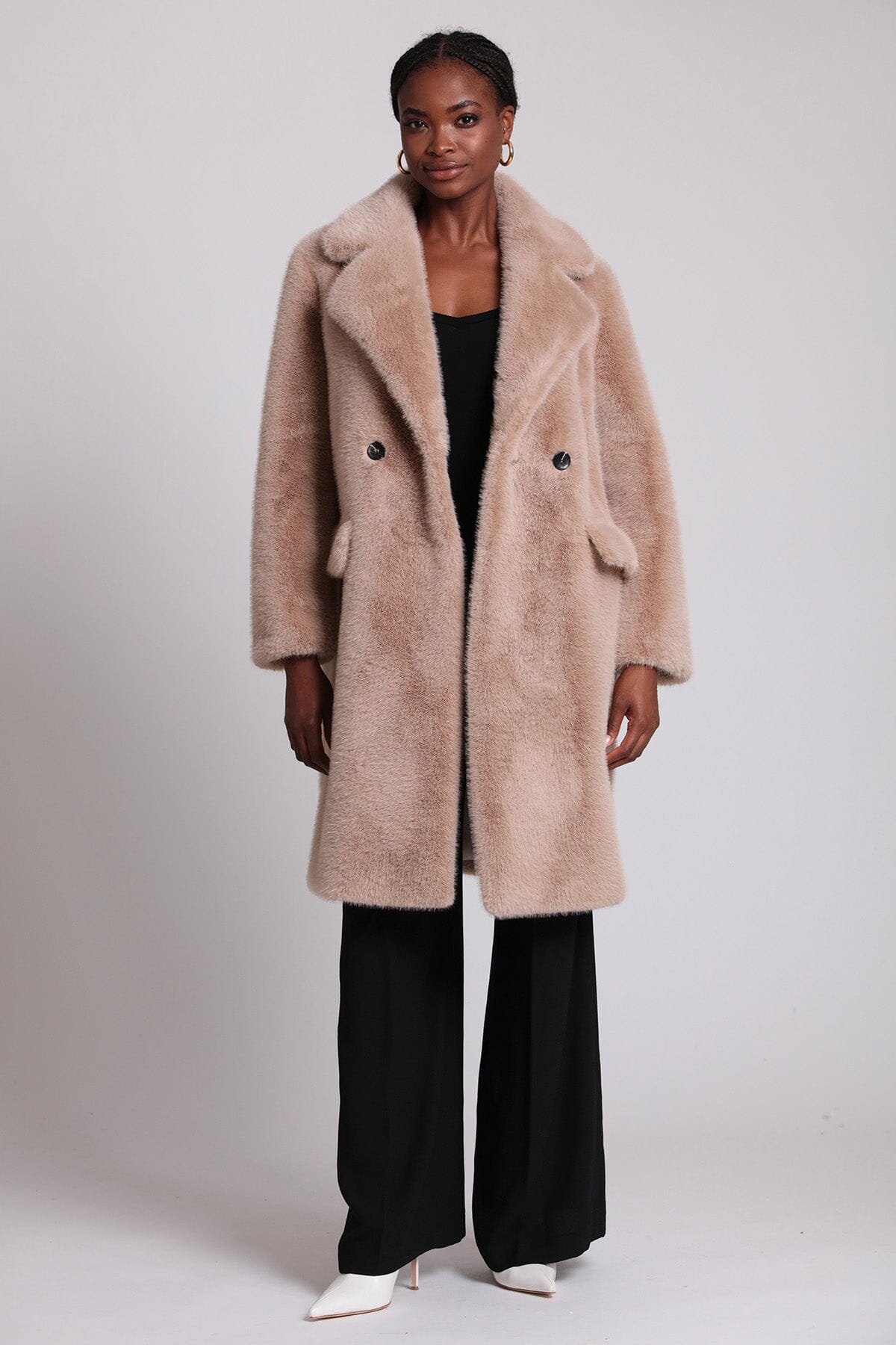 Beige double breasted faux mink fur coat jacket - figure flattering luxurious coats outerwear for ladies by Bagatelle