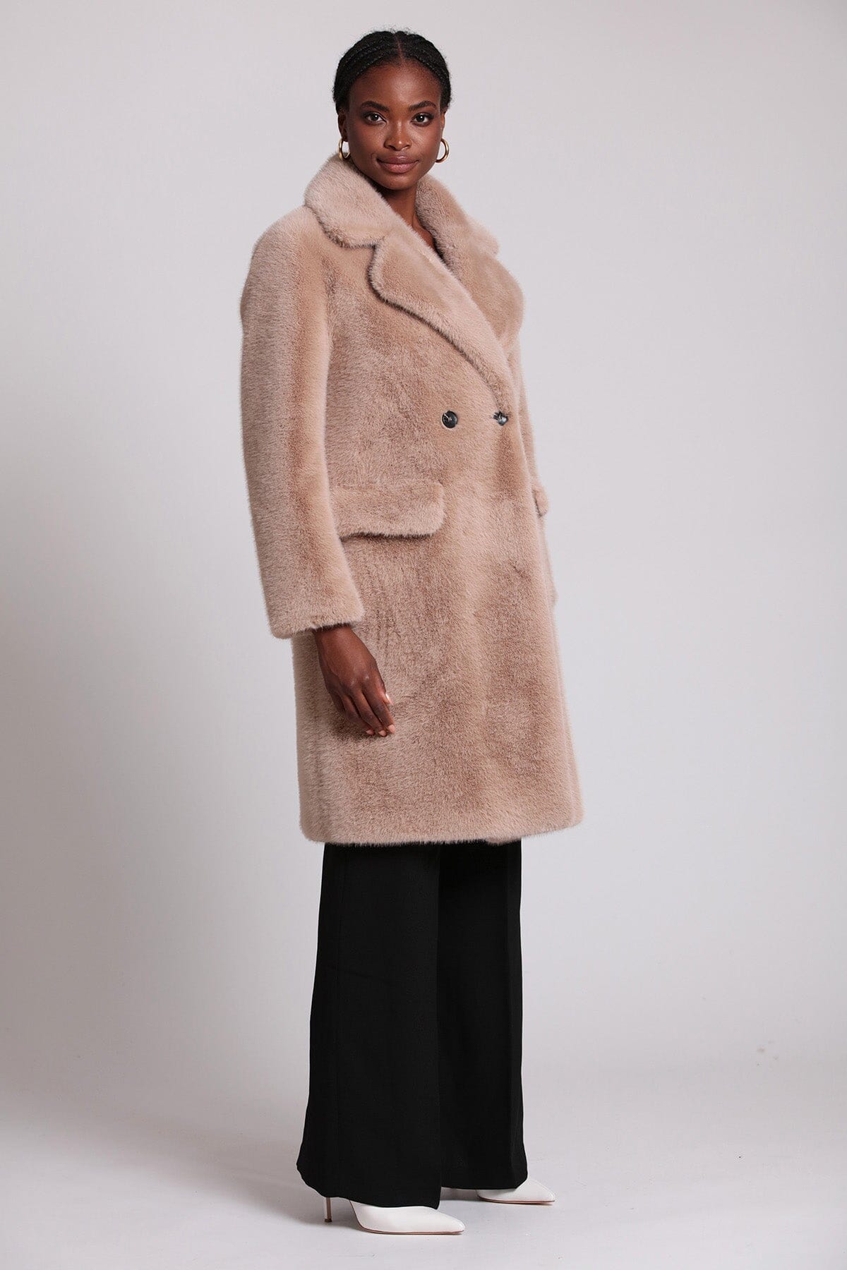 Beige double breasted faux mink fur coat jacket - women's figure flattering fashion coats jackets for Fall 2023