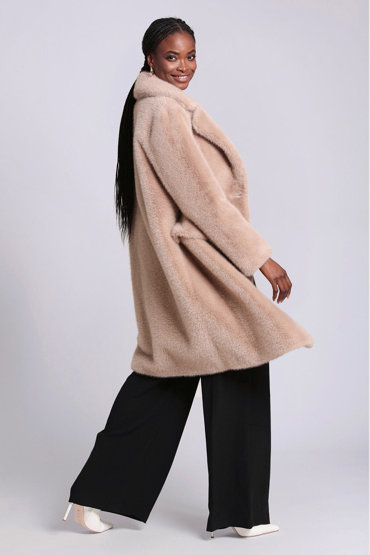 Beige double breasted faux mink fur coat jacket - women's figure flattering quiet luxury outerwear for Fall 2023 by Bagatelle 