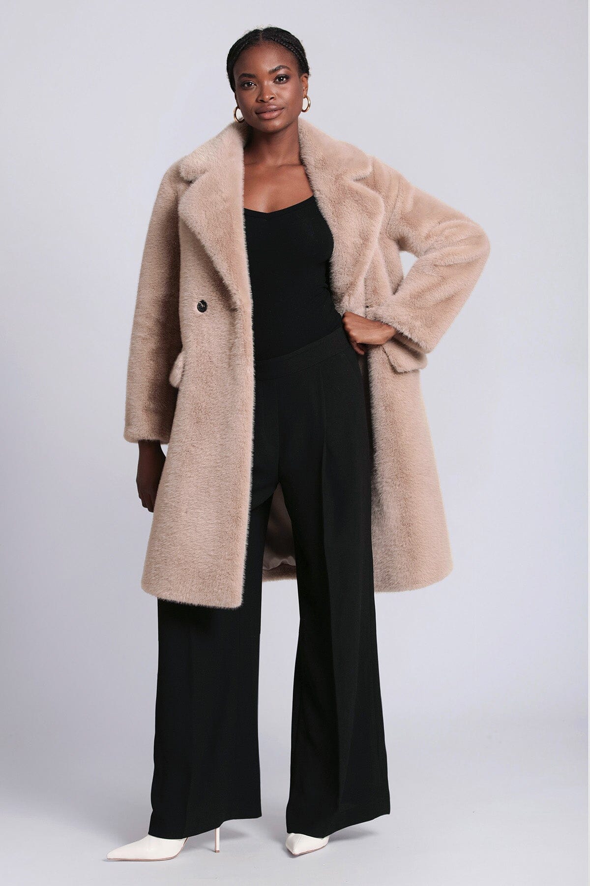 Beige double breasted faux mink fur coat outerwear for women by Bagatelle