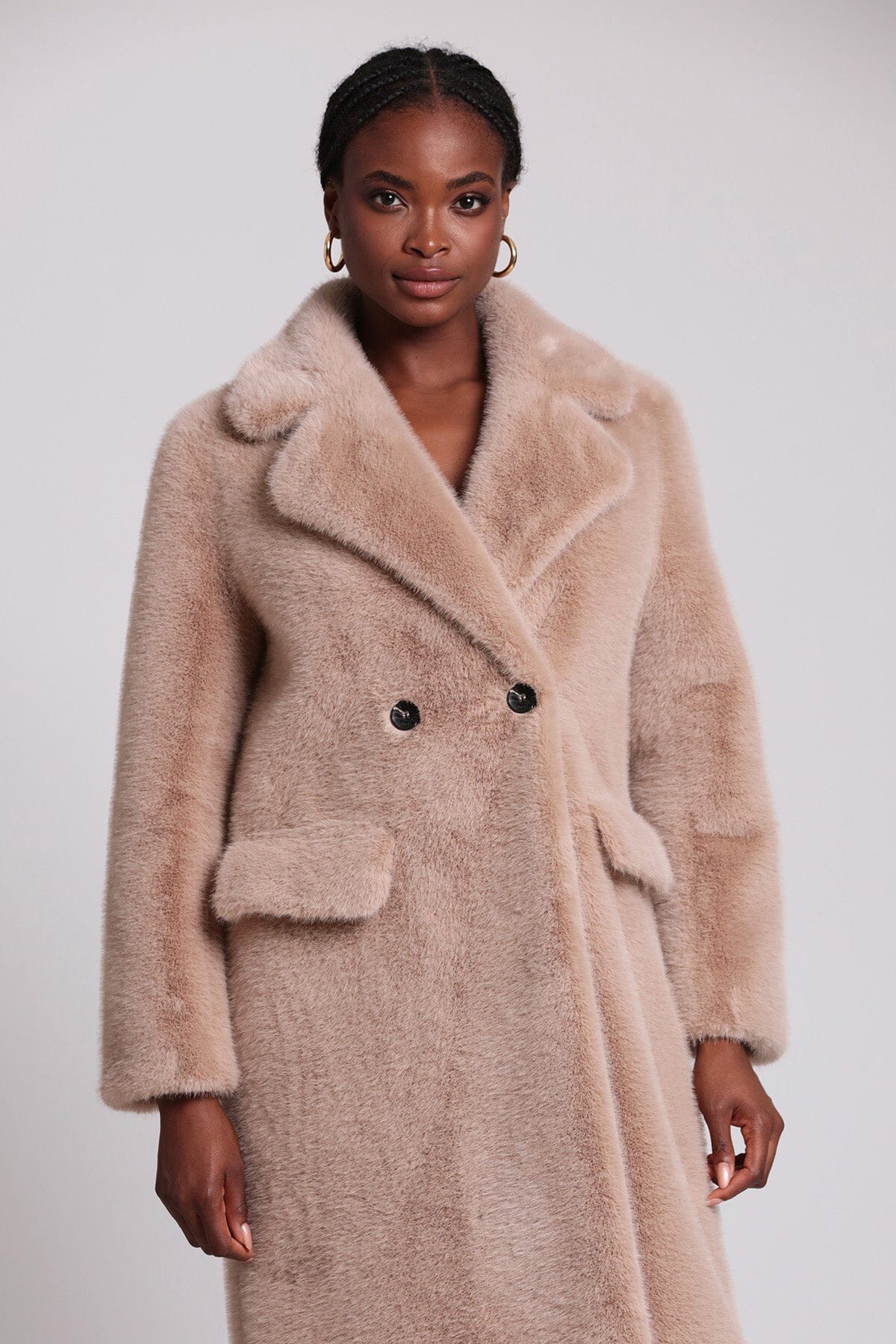 Beige double breasted faux mink fur coat jacket - women's figure flattering coats jackets outerwear Fall 2023 fashion trends