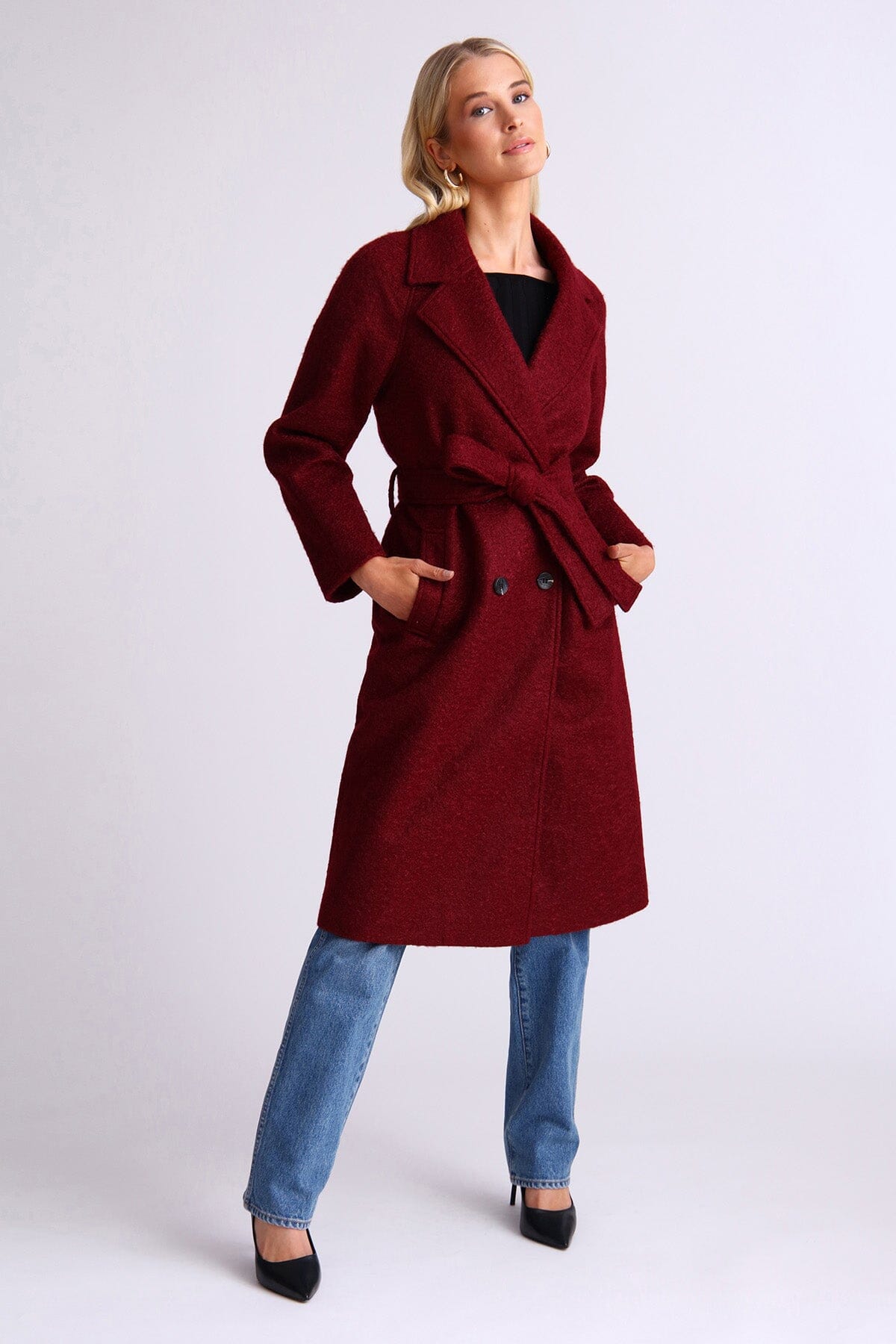 Dark red textured belted walker coat jacket - figure flattering day to night fall coats jackets for women