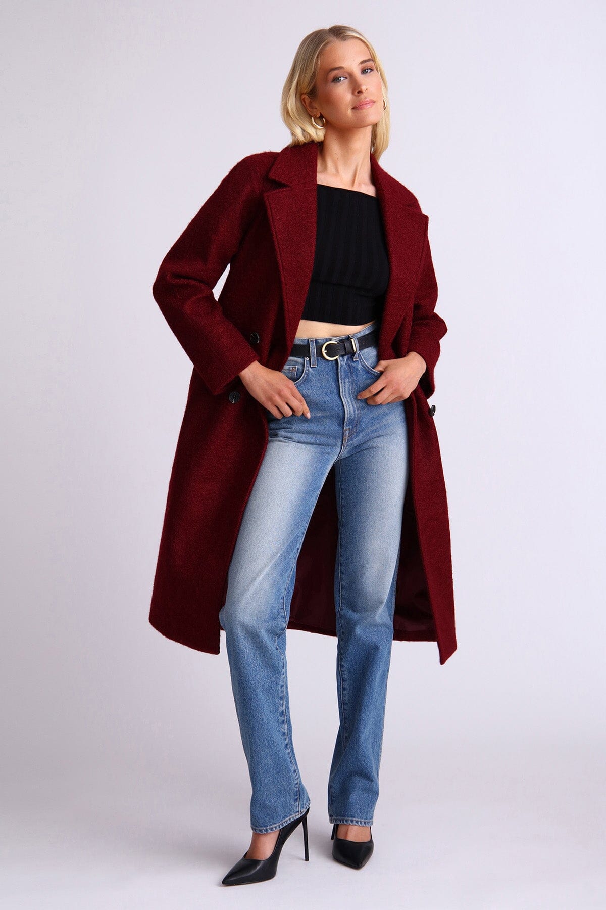 Dark red textured belted walker coat jacket - women's figure flattering casual to dressy coats outerwear for fall fashion trends