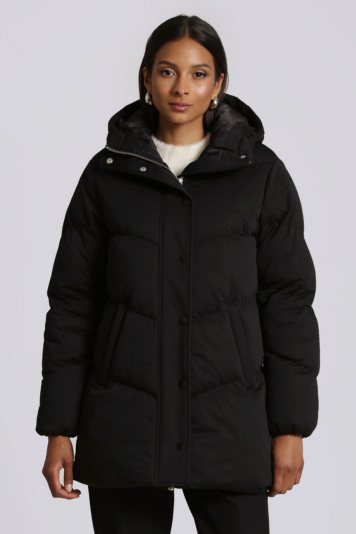 Black thermal puff cloud duvet hooded puffer coat jacket - figure flattering water resistant fashion puffers jackets for ladies
