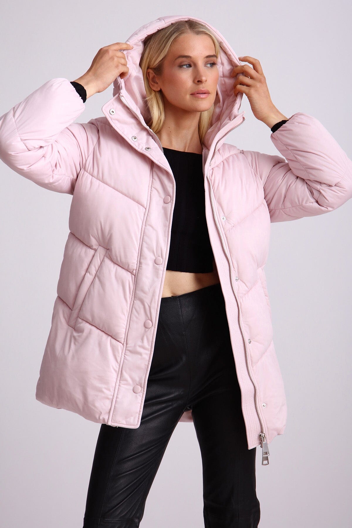 Light pink thermal puff cloud duvet hooded puffer coat jacket - figure flattering water resistant day to night coats jackets for women