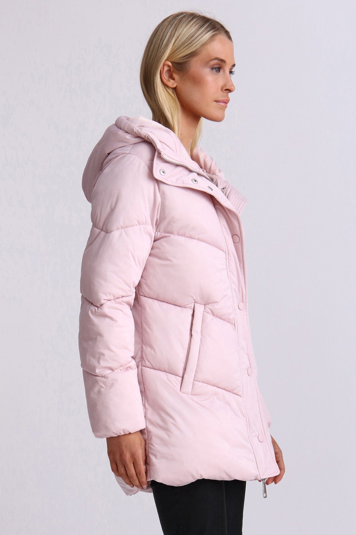 Light pink thermal puff cloud duvet hooded puffer coat jacket - women's figure flattering Fall Winter water resistant coats jackets by Aves Les Filles