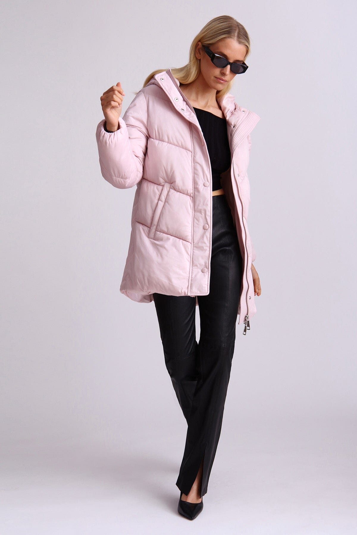 Light pink thermal puff cloud duvet hooded puffer coat jacket - women's figure flattering Fall fashion outerwear by Avec Les Filles