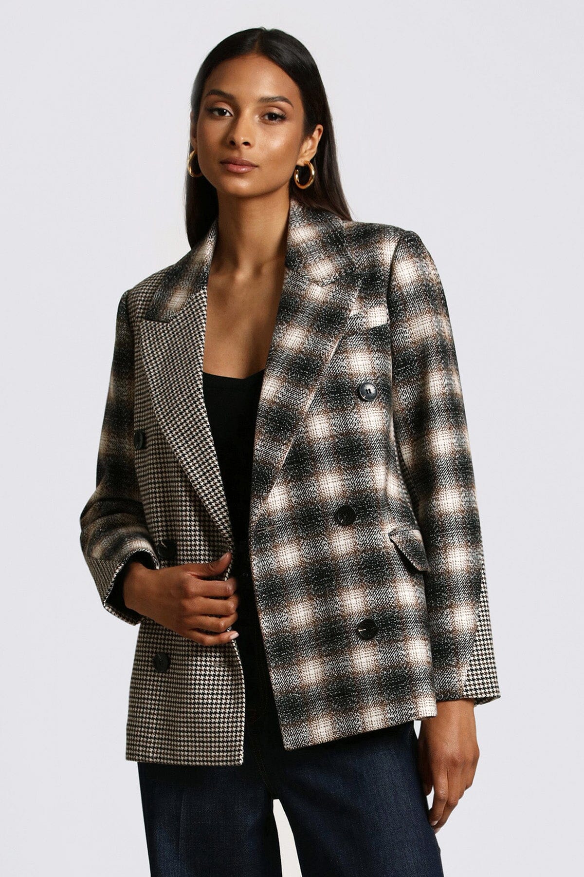 Black white brown mixed pattern double breasted blazer jacket coat - women's figure flattering fashion jackets blazers for fall 2023