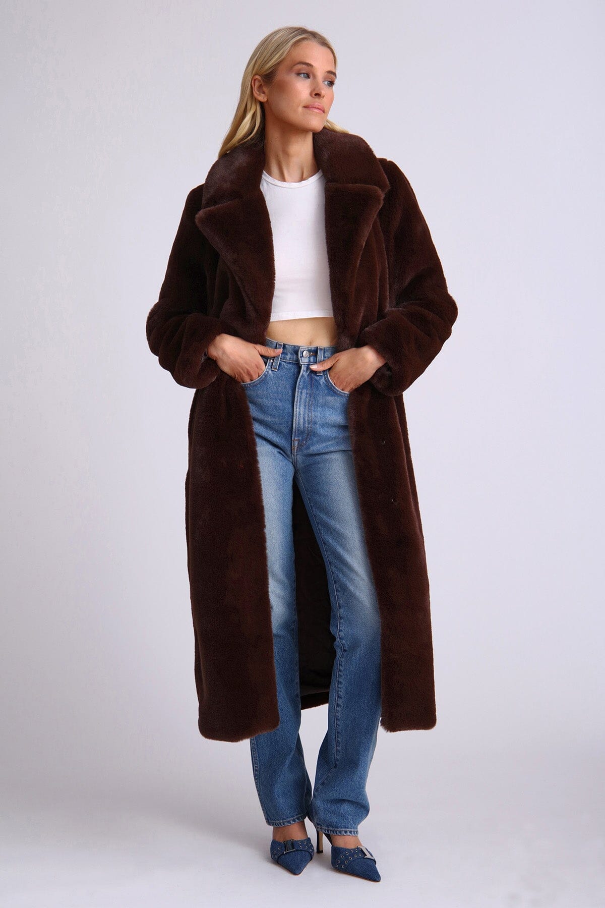 Women's brown long faux fur maxi coat jacket for Fall Winter fashion trends by Avec Les Filles
