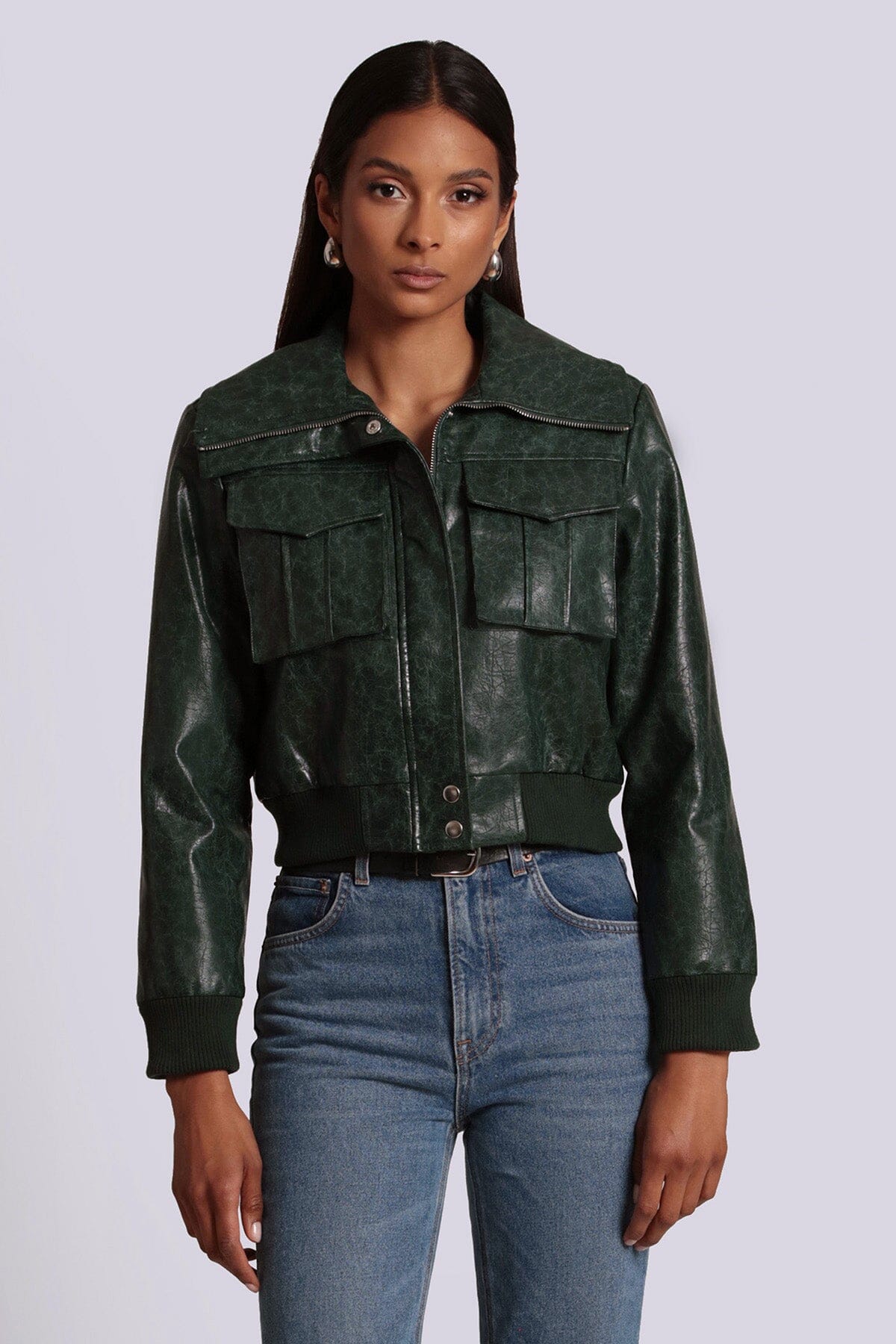 Emerald green faux ever leather cropped aviator jacket coat - women's figure flattering office to date night jackets